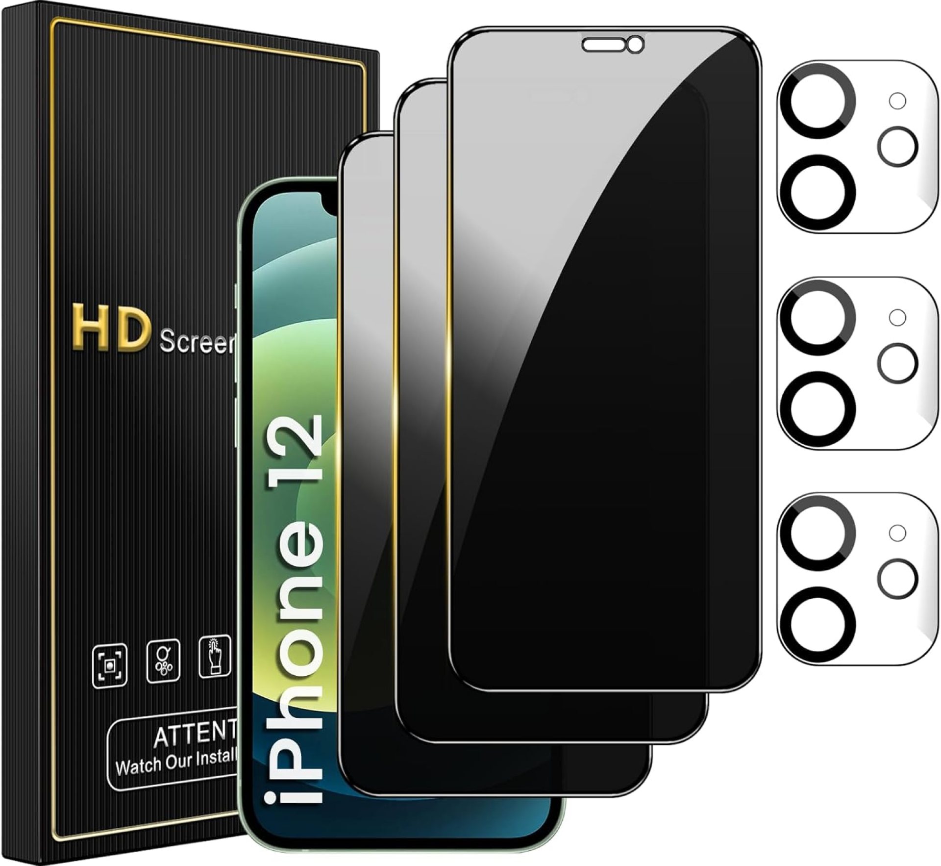 3 Pack Privacy Screen Protector for iPhone 12 6.1 Inch with 3 Pack Camera Lens Protector, Anti Spy Tempered Glass Film, Anti-Scratch, Touch Sensitive, Case Friendly 3 Pack Privacy Screen Protector for iPhone 12 6.1 Inch with 3 Pack Camera Lens Protector, Anti Spy Tempered Glass Film, Anti-Scratch, Touch Sensitive, Case Friendly