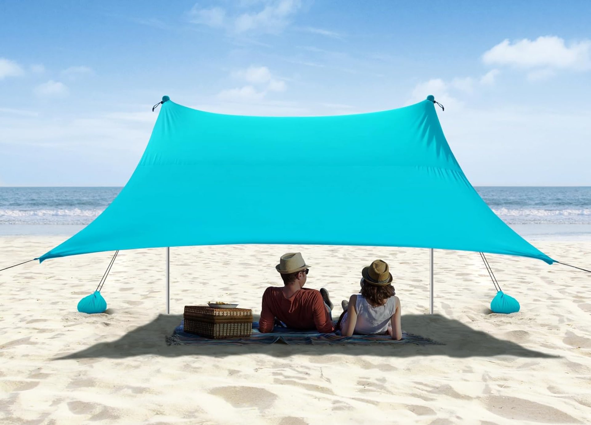 Beach Tent, Camping Sun Shelter 10 x 10ft, with 4 Sandbags, UPF50+, Includes Sand Shovel, Ground Pegs & Stability Poles, Pop Up Beach Canopy Sunshade for Fishing, Backyard Fun or Picnics (Cyan) Beach Tent, Camping Sun Shelter 10 x 10ft, with 4 Sandbags, UPF50+, Includes Sand Shovel, Ground Pegs & Stability Poles, Pop Up Beach Canopy Sunshade for Fishing, Backyard Fun or Picnics (Cyan)
