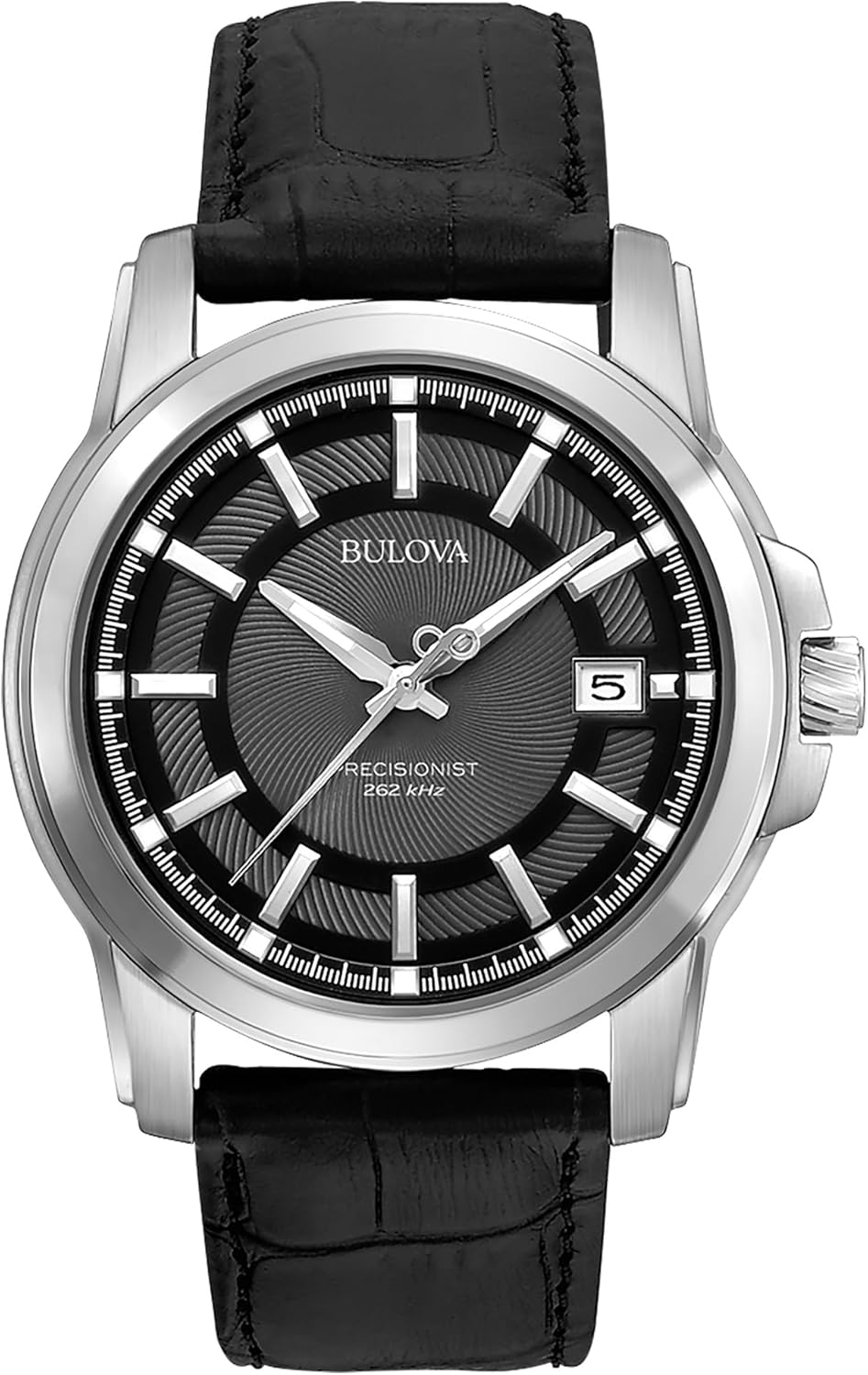 Bulova Men’s Precisionist 3-Hand Calendar in Stainless Steel with Black Leather Strap and Black Patterned Dial Style: 96B158 Bulova Men’s Precisionist 3-Hand Calendar in Stainless Steel with Black Leather Strap and Black Patterned Dial Style: 96B158