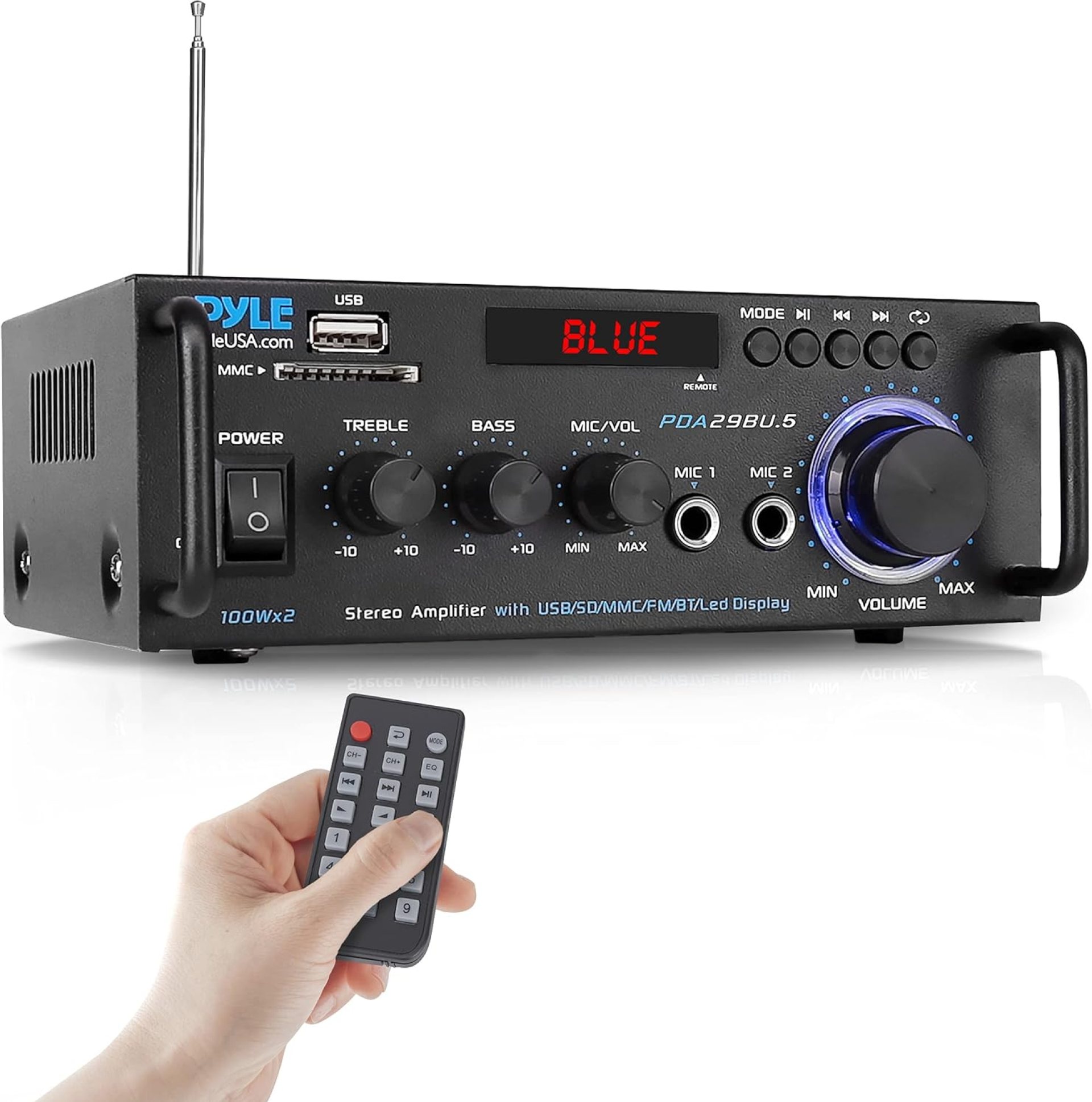 Pyle Stereo Power Amplifier 200 W Peak w/ Bluetooth Wireless, LED Display, Dual Channel Audio Stereo Receiver w/ RCA, USB, SD, MIC in, FM Radio, Perfect For Home Computer via RCA – PDA29BU.5 Pyle Stereo Power Amplifier 200 W Peak w/ Bluetooth Wireless, LED Display, Dual Channel Audio Stereo Receiver w/ RCA, USB, SD, MIC in, FM Radio, Perfect For Home Computer via RCA – PDA29BU.5