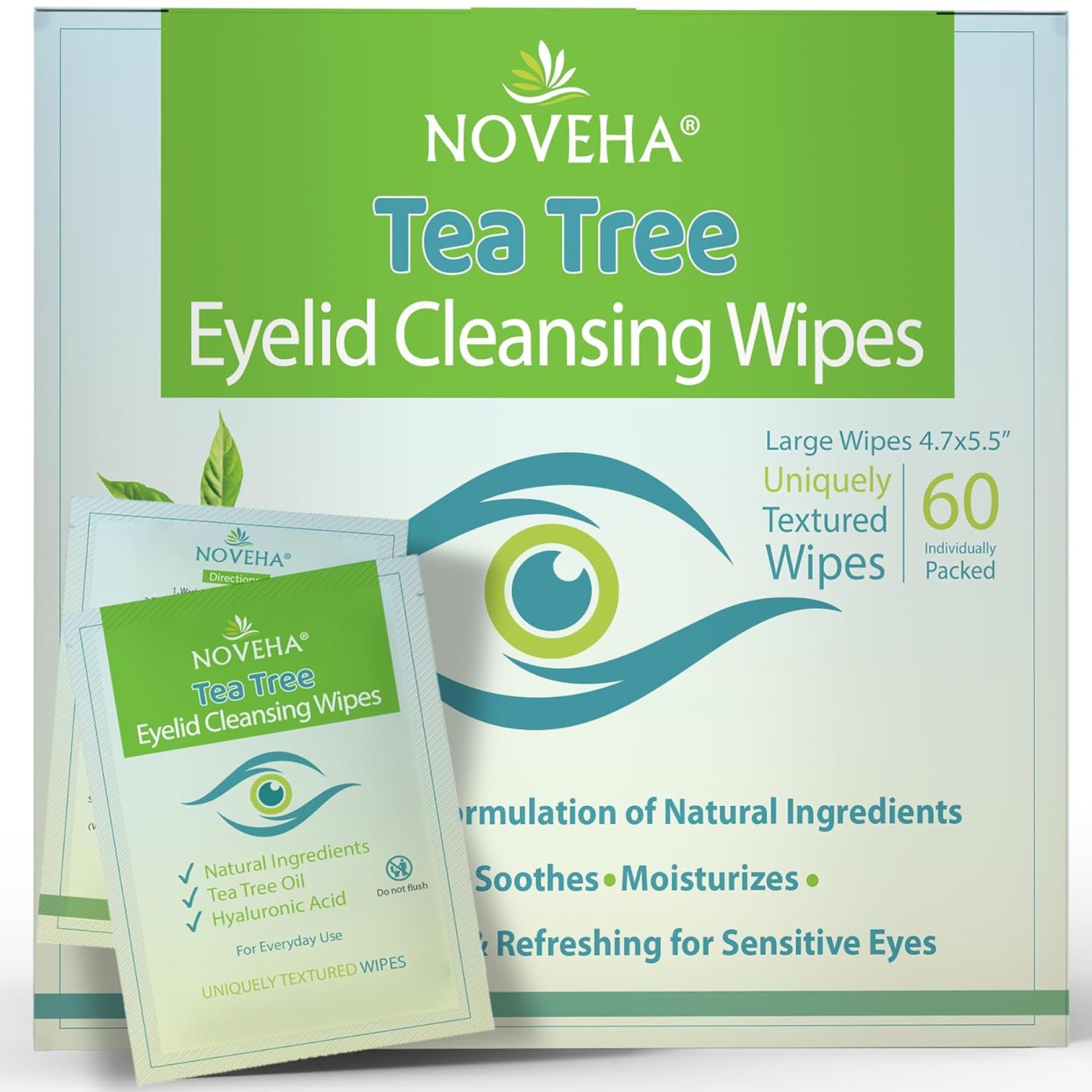 NOVEHA 60PCs Tea Tree Oil Eyelid & Lash Wipes | With Hyaluronic Acid, Green Tea & Chamomile For Blepharitis, Itchy & Stye Eyes, Individually Wrapped, Natural Eyelash Makeup Remover & Daily Cleanser NOVEHA 60PCs Tea Tree Oil Eyelid & Lash Wipes | With Hyaluronic Acid, Green Tea & Chamomile For Blepharitis, Itchy & Stye Eyes, Individually Wrapped, Natural Eyelash Makeup Remover & Daily Cleanser