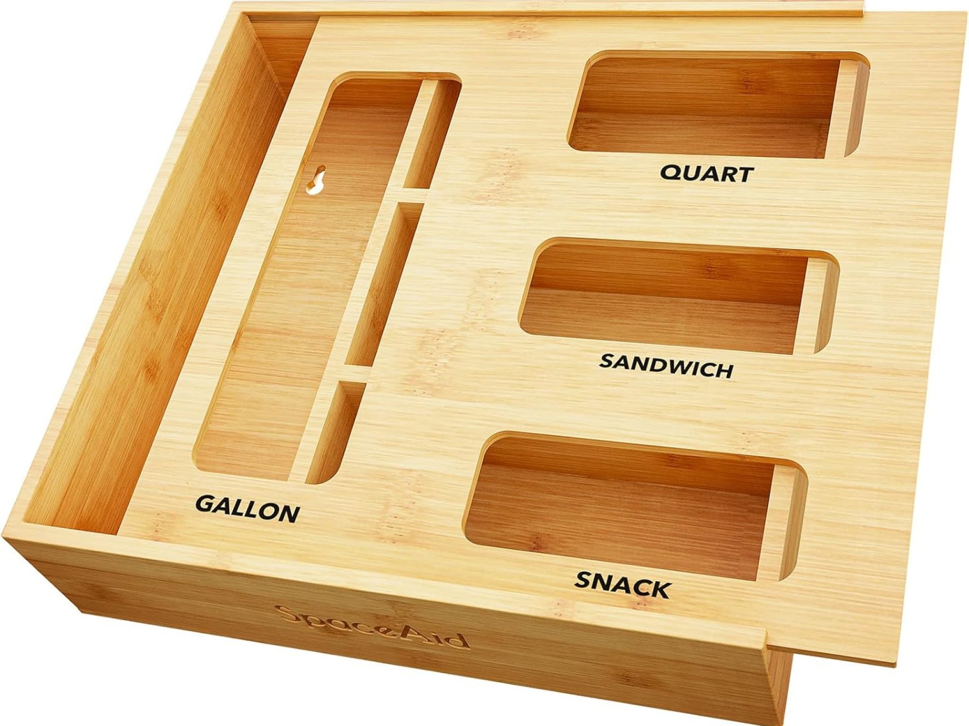 SpaceAid Bag Storage Organizer for Kitchen Drawer, Bamboo Organizer, Compatible with Gallon, Quart, Sandwich and Snack Variety Size Bag (1 Box 4 Slots) SpaceAid Bag Storage Organizer for Kitchen Drawer, Bamboo Organizer, Compatible with Gallon, Quart, Sandwich and Snack Variety Size Bag (1 Box 4 Slots)