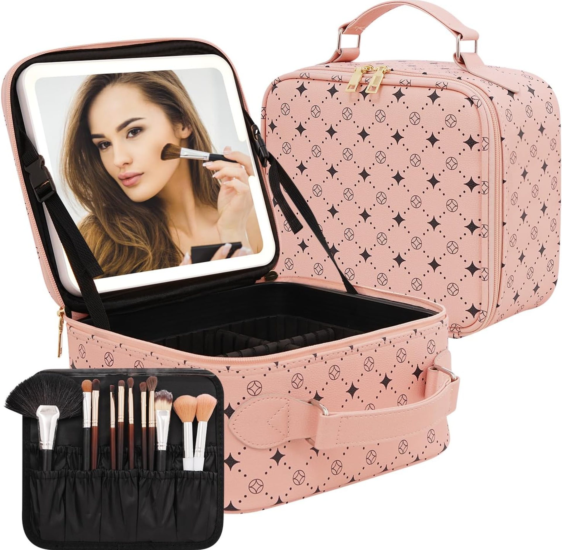Travel Makeup Bag With 360° rotating LED Mirror,Waterproof cosmetic organizer,Portability Cosmetic case,Makeup organizer,Gift for Women,Girls Gift (Pink) Travel Makeup Bag With 360° rotating LED Mirror,Waterproof cosmetic organizer,Portability Cosmetic case,Makeup organizer,Gift for Women,Girls Gift (Pink)