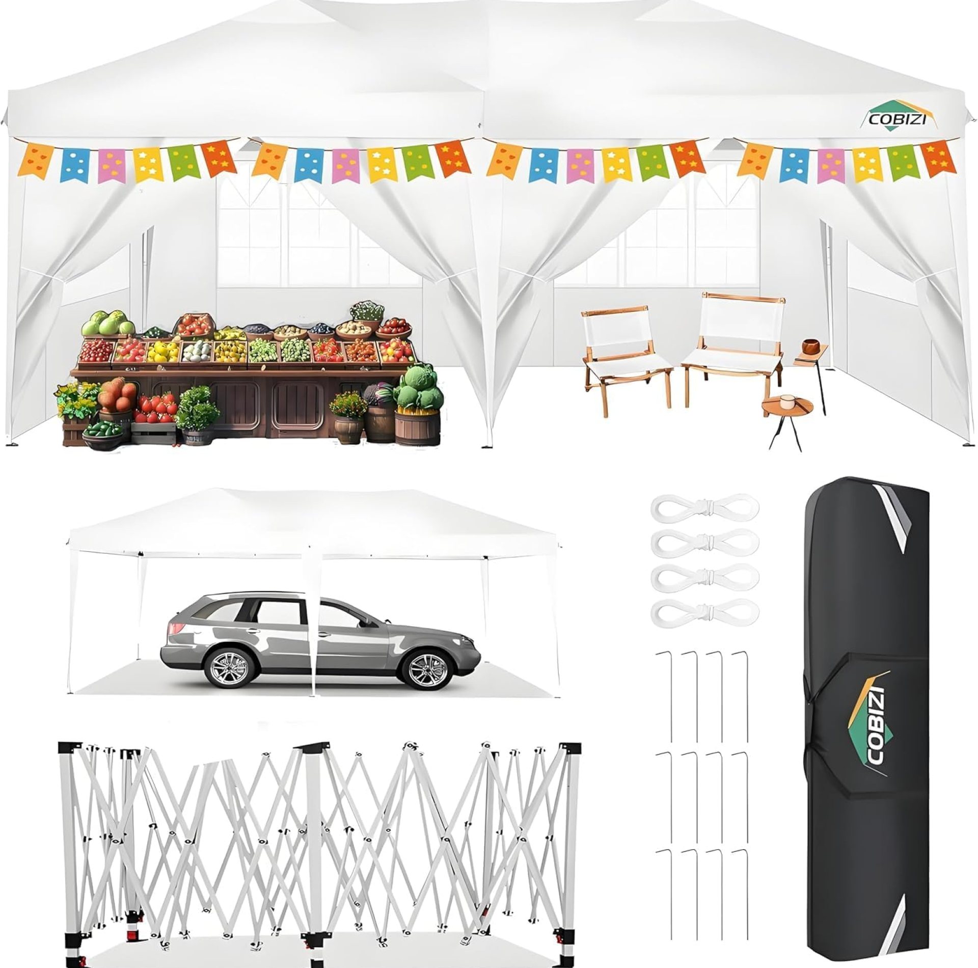 COBIZI 10×20 Pop up Canopy Tent with 6 Sidewalls, Waterproof Portable Outdoor Canopy Tent 10×20 Ez up Instant Shelter Tent for Backyard, Parties, Wedding, Carport with Carry Bag, Stakes, Ropes, White COBIZI 10×20 Pop up Canopy Tent with 6 Sidewalls, Waterproof Portable Outdoor Canopy Tent 10×20 Ez up Instant Shelter Tent for Backyard, Parties, Wedding, Carport with Carry Bag, Stakes, Ropes, White