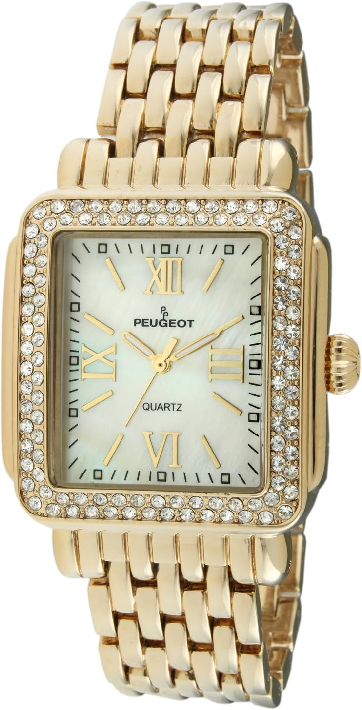 Peugeot Women Rectangle Dress Watch with Crystal Decorated Bezel, Roman Numerals and Bracelet Peugeot Women Rectangle Dress Watch with Crystal Decorated Bezel, Roman Numerals and Bracelet