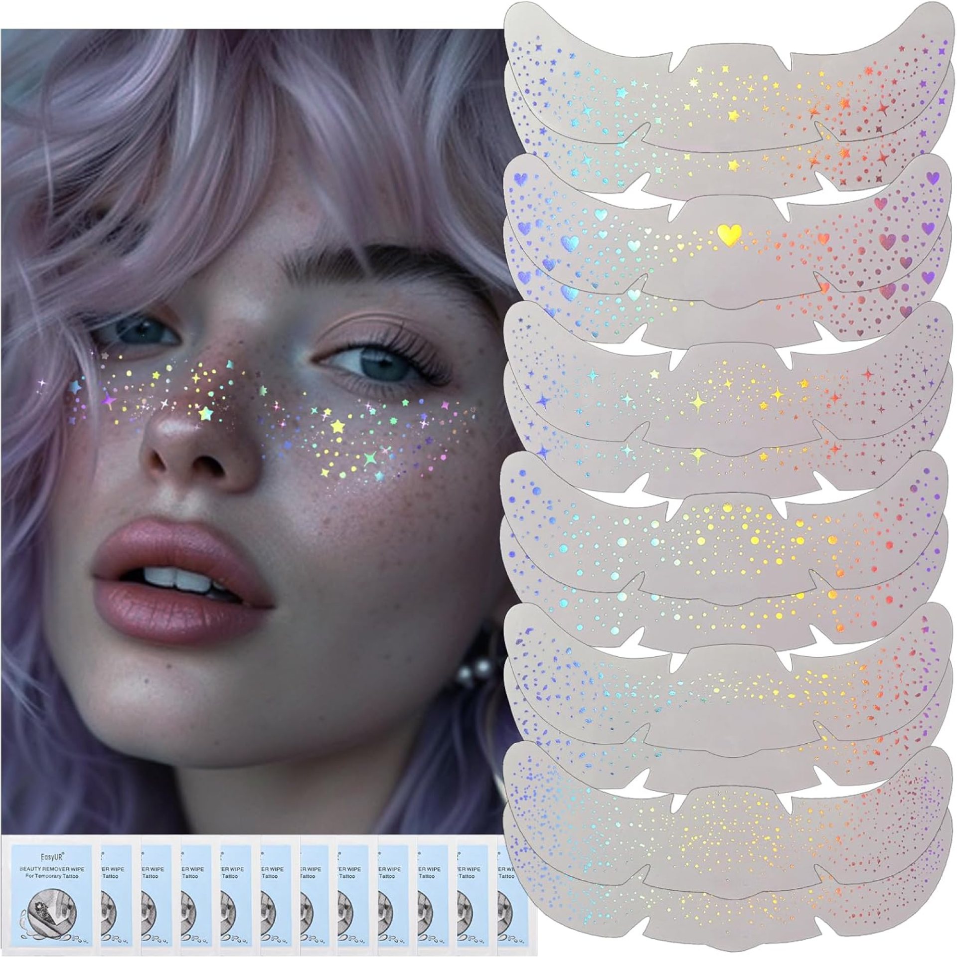 12 pcs Holographic Multichrome Glitter Freckles Face Tattoo, Waterproof Sparkle Face Glitter Speckles Patches for Women, Cute Star Glitter Temporary Tattoo Makeup Accessories for Festival Rave 12 pcs Holographic Multichrome Glitter Freckles Face Tattoo, Waterproof Sparkle Face Glitter Speckles Patches for Women, Cute Star Glitter Temporary Tattoo Makeup Accessories for Festival Rave
