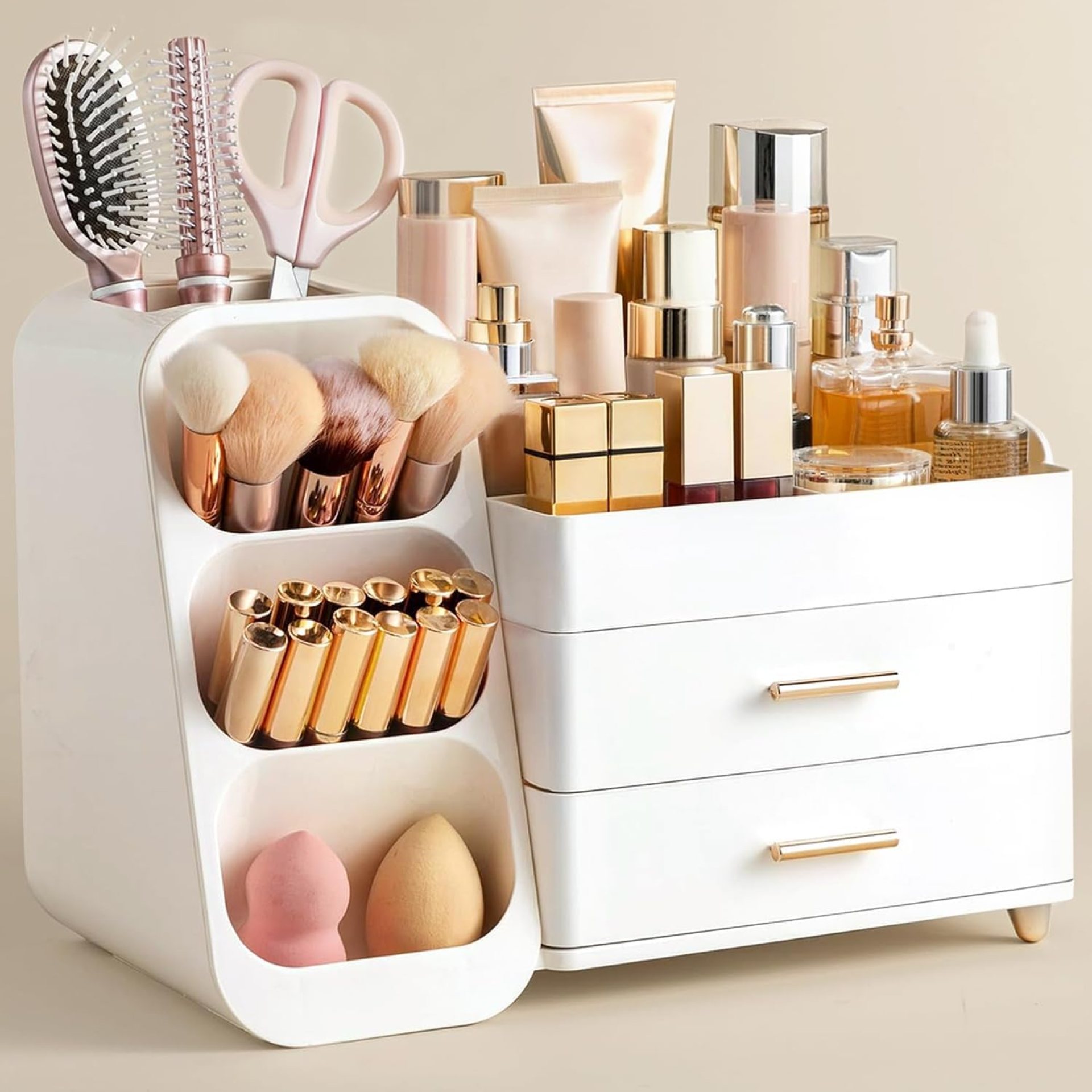 HBlife Makeup Organizer with Brush Holder for Vanity, Large Plastic Bathroom Countertop Organizer Skin Care Storage, Easy to Store Lipsticks, Nail Polishes, Perfumes, Eyeshadow Palettes, All White HBlife Makeup Organizer with Brush Holder for Vanity, Large Plastic Bathroom Countertop Organizer Skin Care Storage, Easy to Store Lipsticks, Nail Polishes, Perfumes, Eyeshadow Palettes, All White