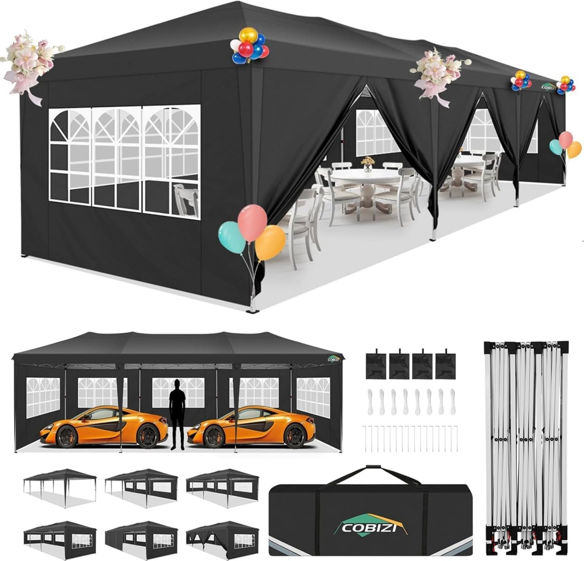 COBIZI 10×30 Pop up Canopy Tent for Parties Protable Canopy Tent with 8 Sidewalls Waterproof Commercial Instant Shelter for Wedding, Courtyard with Carry Bag and 4 Sandbags(10x30FT, Black) COBIZI 10×30 Pop up Canopy Tent for Parties Protable Canopy Tent with 8 Sidewalls Waterproof Commercial Instant Shelter for Wedding, Courtyard with Carry Bag and 4 Sandbags(10x30FT, Black)