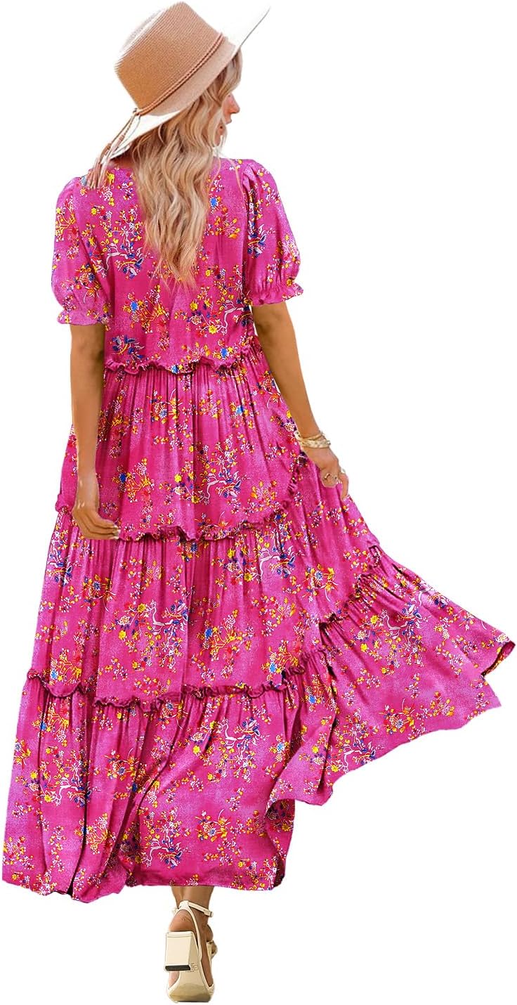 YESNO Summer Casual Bohemian Floral Dresses for Women Puff Short Sleeve Long Maxi Dress with Pockets ETX YESNO Summer Casual Bohemian Floral Dresses for Women Puff Short Sleeve Long Maxi Dress with Pockets ETX