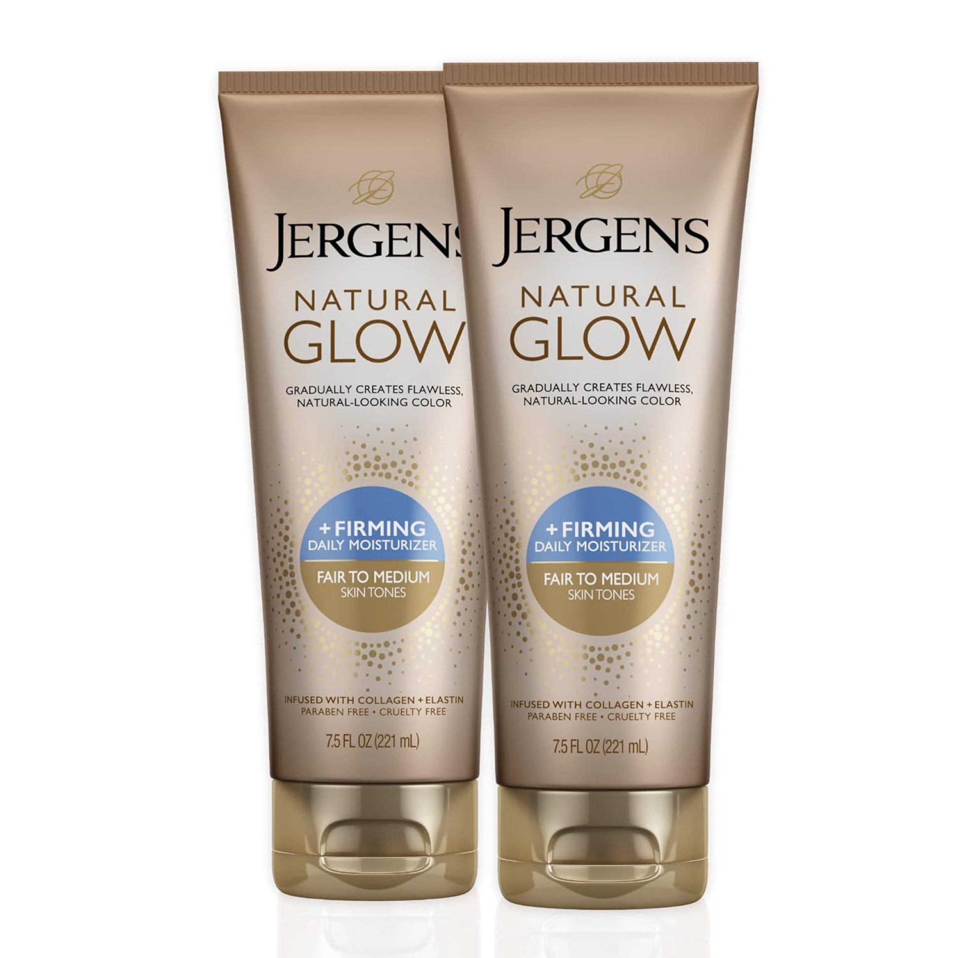 Jergens Natural Glow +Firming Self Tanner Body Lotion, Fair to Medium Skin Tone, Sunless Tanning Moisturizer with Collagen and Elastin. Helps to Visibly Reduce Cellulite, 7.5 Fl Oz (Pack of 2) Jergens Natural Glow +Firming Self Tanner Body Lotion, Fair to Medium Skin Tone, Sunless Tanning Moisturizer with Collagen and Elastin. Helps to Visibly Reduce Cellulite, 7.5 Fl Oz (Pack of 2)