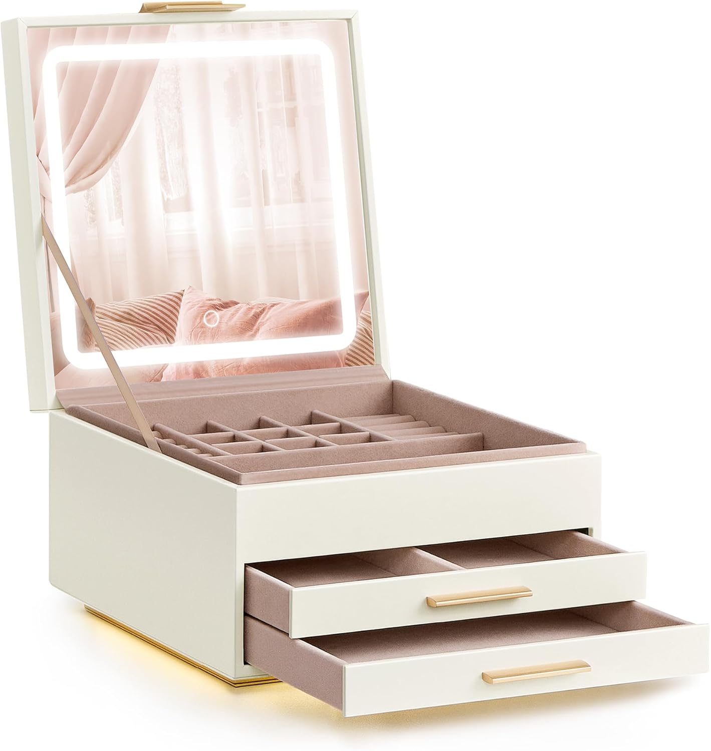 SONGMICS Jewelry Box with Mirror and LED Lights, 3-Tier Jewelry Storage Organizer with 2 Drawers, PU Surface, Floating Base, Modern, Gift Idea, 9.1 x 9.1 x 5.5 Inches, Cream White and Gold UJBC169W01 SONGMICS Jewelry Box with Mirror and LED Lights, 3-Tier Jewelry Storage Organizer with 2 Drawers, PU Surface, Floating Base, Modern, Gift Idea, 9.1 x 9.1 x 5.5 Inches, Cream White and Gold UJBC169W01