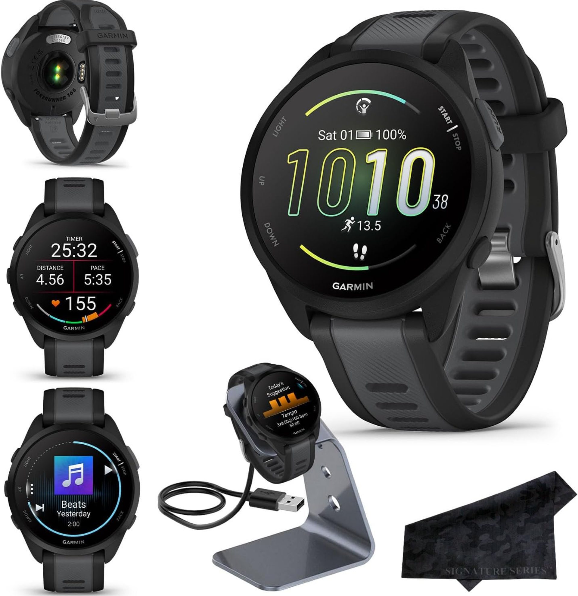 Garmin Forerunner 165 Music GPS Running Smartwatch, Black/Slate Gray | Advanced Health and Fitness Insights, Sleep Coach, Training Plans, Download Songs | Signature Series Charging Stand Bundle Garmin Forerunner 165 Music GPS Running Smartwatch, Black/Slate Gray | Advanced Health and Fitness Insights, Sleep Coach, Training Plans, Download Songs | Signature Series Charging Stand Bundle