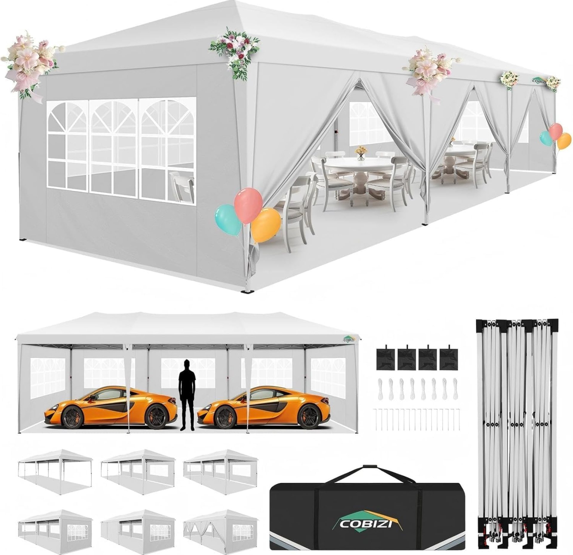 COBIZI 10×30 Pop up Canopy Tent for Parties Protable Canopy Tent with 8 Sidewalls Waterproof Commercial Instant Shelter Tent for Wedding, Courtyard with Carry Bag and 4 Sandbags(10x30FT, White) COBIZI 10×30 Pop up Canopy Tent for Parties Protable Canopy Tent with 8 Sidewalls Waterproof Commercial Instant Shelter Tent for Wedding, Courtyard with Carry Bag and 4 Sandbags(10x30FT, White)