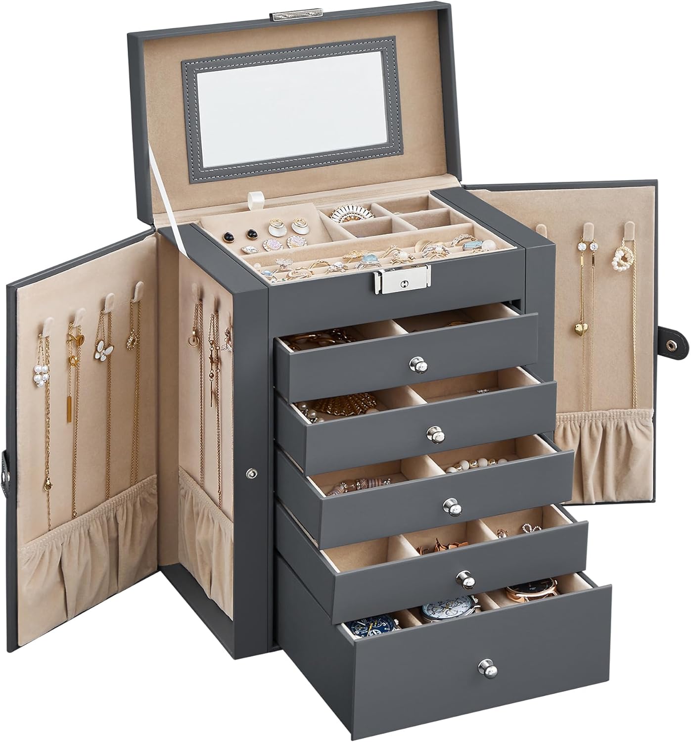 SONGMICS 6 Tier Jewelry Box, Jewelry Storage Organizer with 5 Drawers, Large Storage Capacity, with Mirror, Lockable, Jewelry Case, Gift for Loved Ones, For Watches, Gray UJBC152G01 SONGMICS 6 Tier Jewelry Box, Jewelry Storage Organizer with 5 Drawers, Large Storage Capacity, with Mirror, Lockable, Jewelry Case, Gift for Loved Ones, For Watches, Gray UJBC152G01