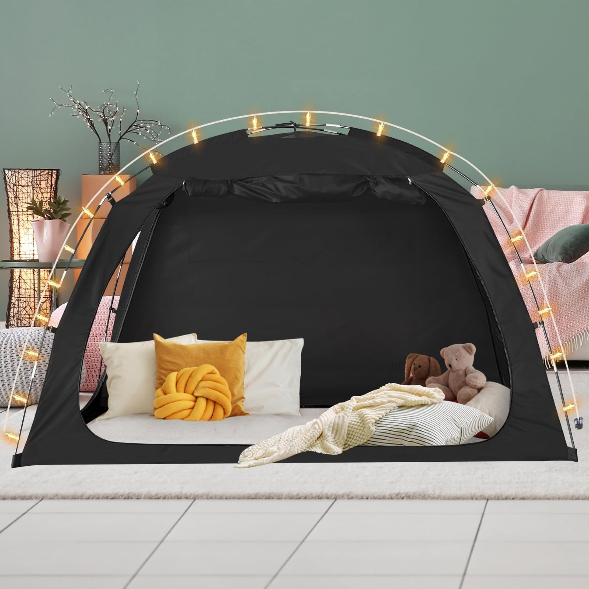 EighteenTek Bed Tent with Lights, Easy to Assemble Full Bed Canopy Black – Portable 90% Blackout Sleeping Canopy with 2 Doors Breathable Private Indoor Tent for Bedroom Decor, Full Size EighteenTek Bed Tent with Lights, Easy to Assemble Full Bed Canopy Black – Portable 90% Blackout Sleeping Canopy with 2 Doors Breathable Private Indoor Tent for Bedroom Decor, Full Size