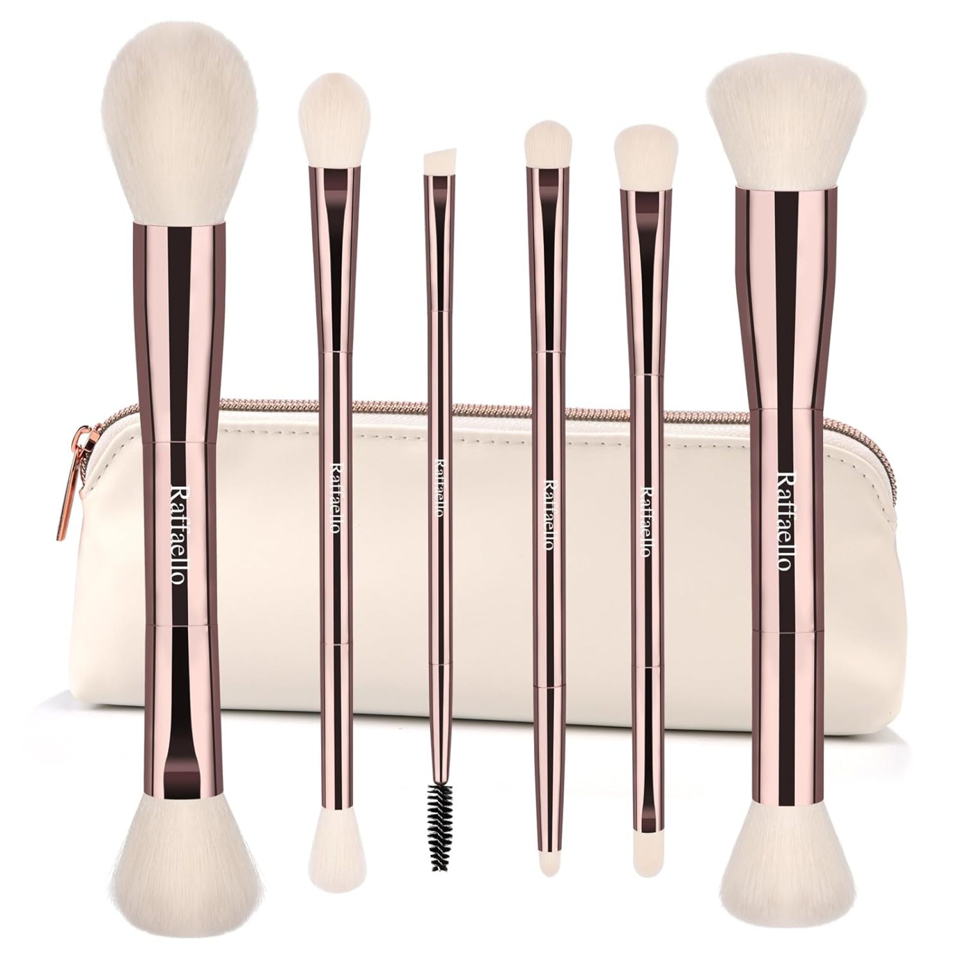 Raffaello 6-in-12 Dual-Ended Makeup Brushes Set, Sustainable Rose Gold Brushes with Recycled Materials, Includes White Faux Leather Pouch, Professional Face & Eye Makeup Kit for Travel and Daily Use Raffaello 6-in-12 Dual-Ended Makeup Brushes Set, Sustainable Rose Gold Brushes with Recycled Materials, Includes White Faux Leather Pouch, Professional Face & Eye Makeup Kit for Travel and Daily Use