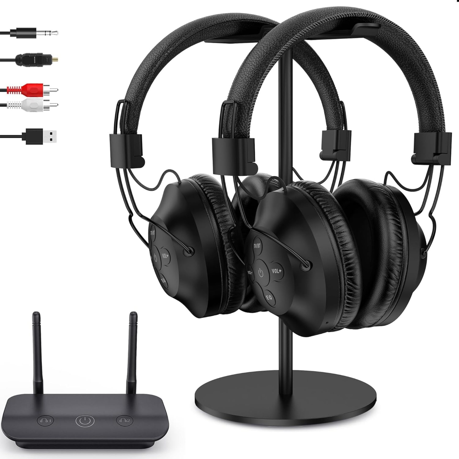 ROSIDA Dual Wireless Headphones for TV Watching with Transmitter, Headset Stand, TV Headphones for Seniors, 295FT Range with Optical, AUX, RCA,USB, High Volume Control, Long Playtime, No Delay, Black ROSIDA Dual Wireless Headphones for TV Watching with Transmitter, Headset Stand, TV Headphones for Seniors, 295FT Range with Optical, AUX, RCA,USB, High Volume Control, Long Playtime, No Delay, Black