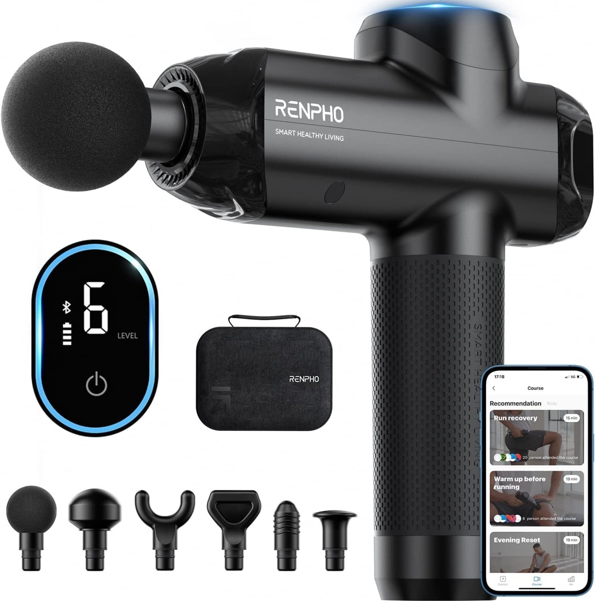 RENPHO Massage Gun Deep Tissue with Bluetooth, FSA HSA Eligible Percussion Muscle Massage Gun with 12mm Amplitude for Athletes, Portable Electric Handheld Massager Gun, LED Touch Display RENPHO Massage Gun Deep Tissue with Bluetooth, FSA HSA Eligible Percussion Muscle Massage Gun with 12mm Amplitude for Athletes, Portable Electric Handheld Massager Gun, LED Touch Display
