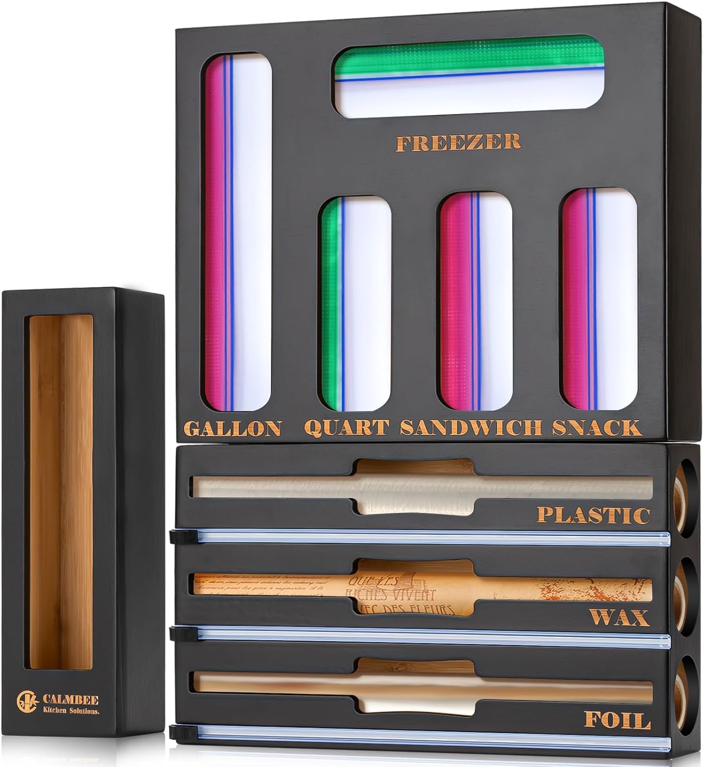 Calmbee 9-in-1 Bamboo Kitchen Organizer – Black & Multicolor Modern Minimalist Caddy with 3-in-1 Wrap Dispenser, Cutter & Bag Organizer Calmbee 9-in-1 Bamboo Kitchen Organizer – Black & Multicolor Modern Minimalist Caddy with 3-in-1 Wrap Dispenser, Cutter & Bag Organizer