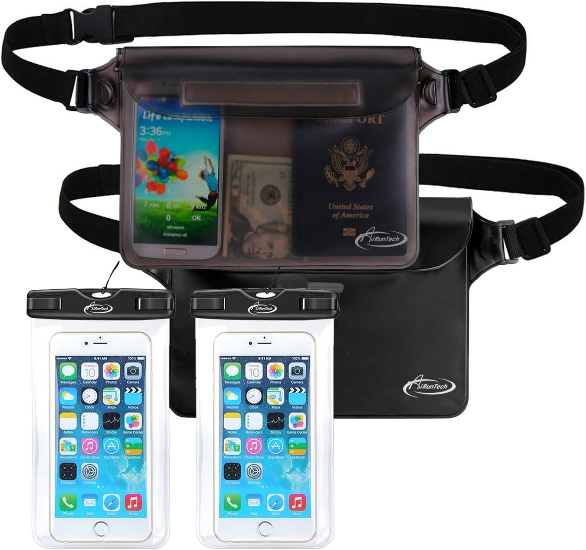 AiRunTech Waterproof Dry Bag and Waterproof Cell Phone Bag for Outdoor Water Sports, Boating, Hiking,Kayaking,Fishing (2 * Phone case(Clear) + 2 * Fanny Pack(Black+Gray)) AiRunTech Waterproof Dry Bag and Waterproof Cell Phone Bag for Outdoor Water Sports, Boating, Hiking,Kayaking,Fishing (2 * Phone case(Clear) + 2 * Fanny Pack(Black+Gray))
