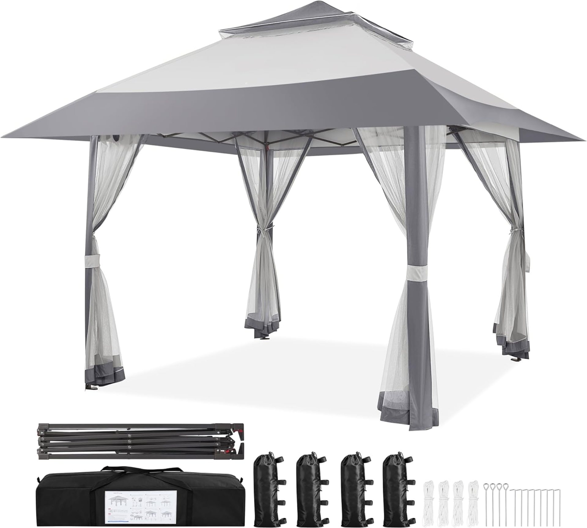 Yaheetech 13×13 Pop Up Gazebo Outdoor Canopy Shelter, Instant Patio Gazebo Sun Shade Canopy Tent with 4 Sandbags, Double Tiers & Mesh Netting for Lawn, Garden, Backyard & Deck, Gray Yaheetech 13×13 Pop Up Gazebo Outdoor Canopy Shelter, Instant Patio Gazebo Sun Shade Canopy Tent with 4 Sandbags, Double Tiers & Mesh Netting for Lawn, Garden, Backyard & Deck, Gray