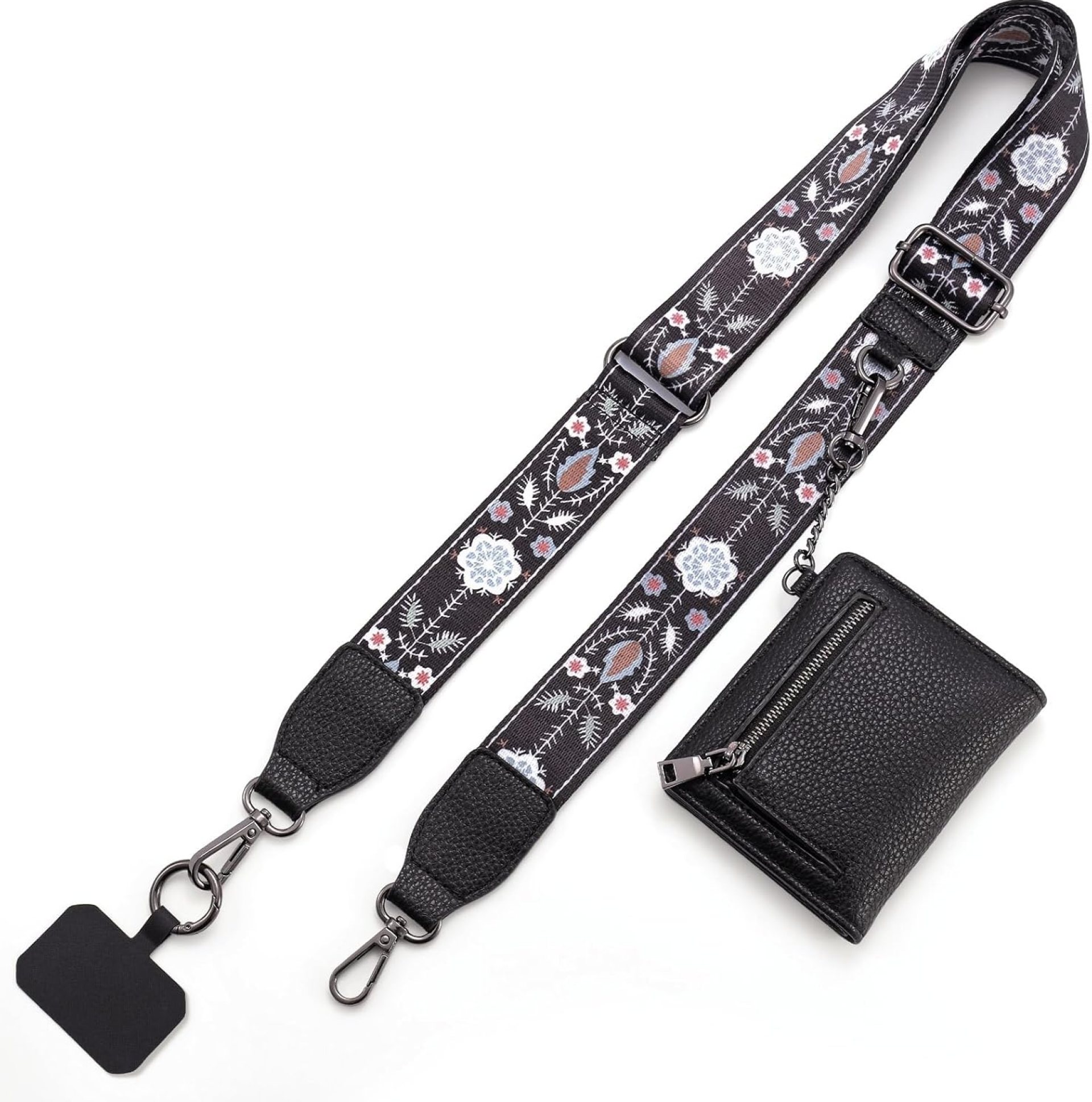 Diaclara Clip and Go Phone Strap with Zipper Pouch- Stylish Crossbody Adjustable Chain Lanyard with Leather Wallet for All Phones, Black Pattern Diaclara Clip and Go Phone Strap with Zipper Pouch- Stylish Crossbody Adjustable Chain Lanyard with Leather Wallet for All Phones, Black Pattern