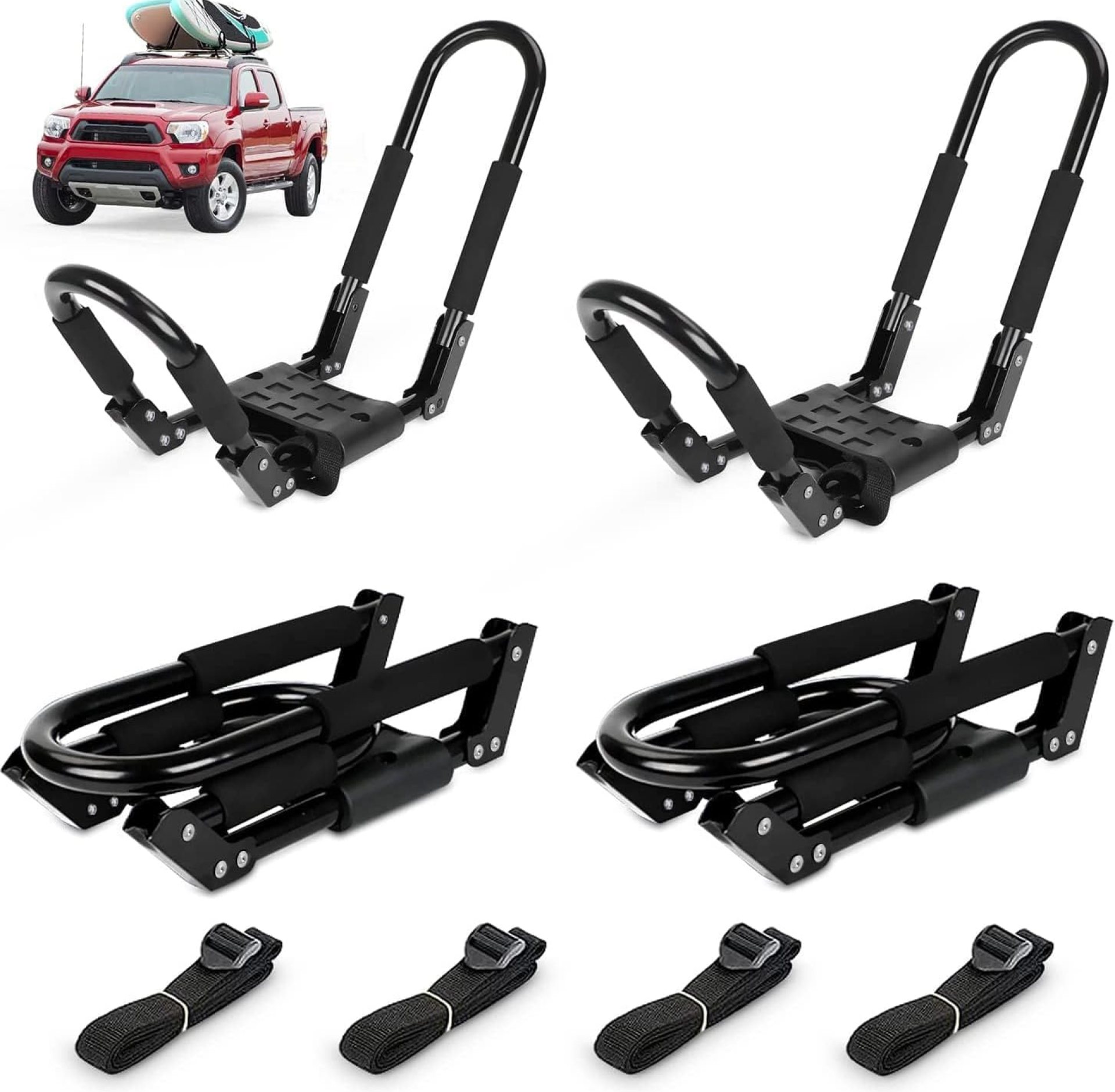 Folding Kayak Roof Rack 2 Pairs, 4pcs J-Bar Car Roof Racks for Kayak, Canoe, Paddle Boards, Skiboard, Surfboard, Foldable Kayak Roof Carrier for Car, SUV, Truck, Black (Folding Kayak Rack) Folding Kayak Roof Rack 2 Pairs, 4pcs J-Bar Car Roof Racks for Kayak, Canoe, Paddle Boards, Skiboard, Surfboard, Foldable Kayak Roof Carrier for Car, SUV, Truck, Black (Folding Kayak Rack)