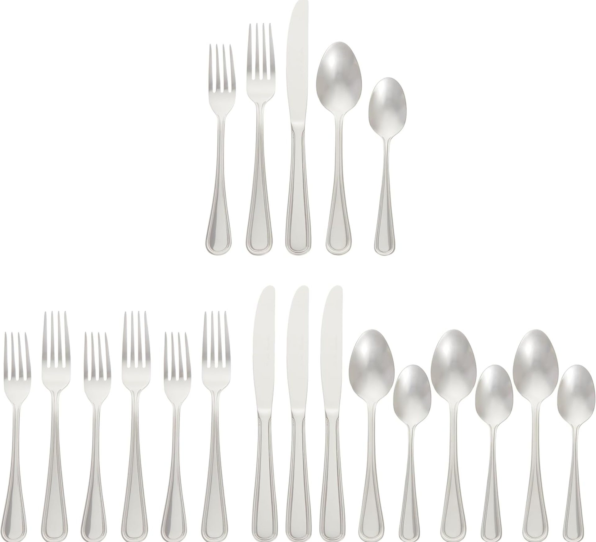Amazon Basics Silverware Set, Stainless Steel Flatware, 20-Piece Forks and Spoons, Service for 4, Crown Edge Amazon Basics Silverware Set, Stainless Steel Flatware, 20-Piece Forks and Spoons, Service for 4, Crown Edge