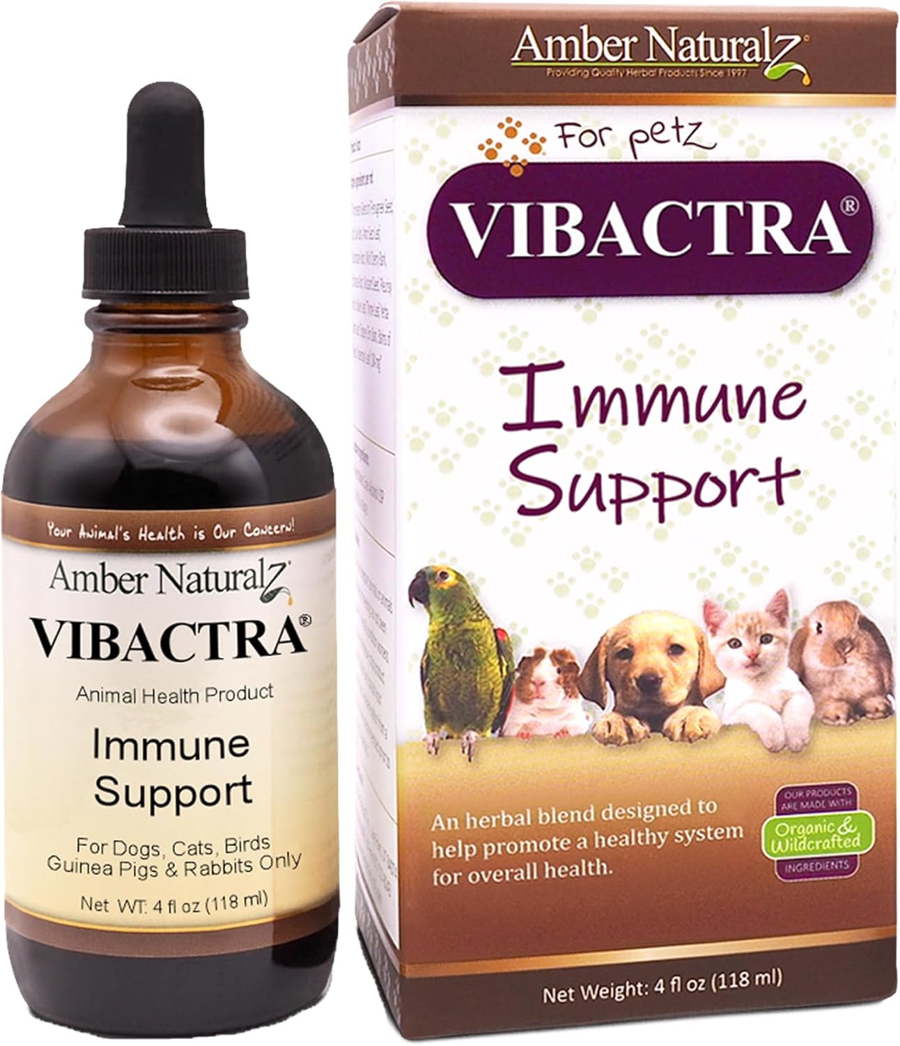 Amber NaturalZ Vibactra Immune Support Herbal Supplement for Dogs, Cats, Birds, Guinea Pigs, and Rabbits | Pet Herbal Blend for Overall Health | 4 Fluid Ounce Glass Bottle | Manufactured in The USA Amber NaturalZ Vibactra Immune Support Herbal Supplement for Dogs, Cats, Birds, Guinea Pigs, and Rabbits | Pet Herbal Blend for Overall Health | 4 Fluid Ounce Glass Bottle | Manufactured in The USA