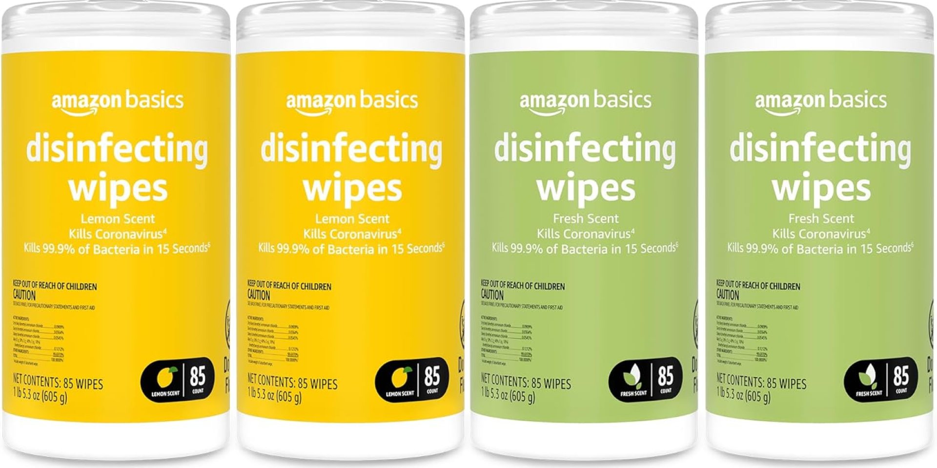 Amazon Basics Disinfecting Wipes, Lemon & Fresh Scent, Sanitizes/Cleans/Disinfects/Deodorizes, 340 Count (4 Packs of 85) Amazon Basics Disinfecting Wipes, Lemon & Fresh Scent, Sanitizes/Cleans/Disinfects/Deodorizes, 340 Count (4 Packs of 85)
