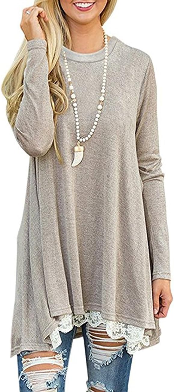 Women’s Crew Neck Long Sleeve Lace Splicing Swing Shirt Dresses Long Tunic Blouses Shirts for Leggings Women’s Crew Neck Long Sleeve Lace Splicing Swing Shirt Dresses Long Tunic Blouses Shirts for Leggings