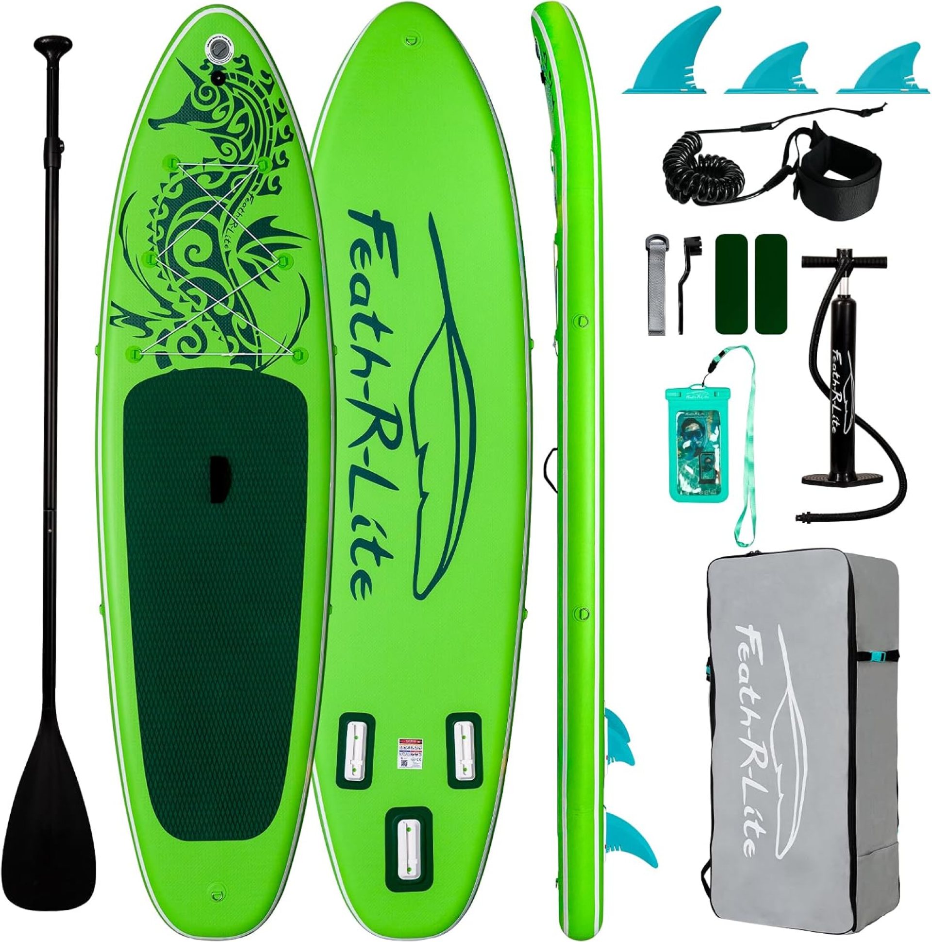 FEATH-R-LITE Inflatable Paddle Board Stand Up Paddleboards for Adults SUP with Premium Accessories Pump, Adjustable Paddle, Leash, Three Fins, Backpack FEATH-R-LITE Inflatable Paddle Board Stand Up Paddleboards for Adults SUP with Premium Accessories Pump, Adjustable Paddle, Leash, Three Fins, Backpack