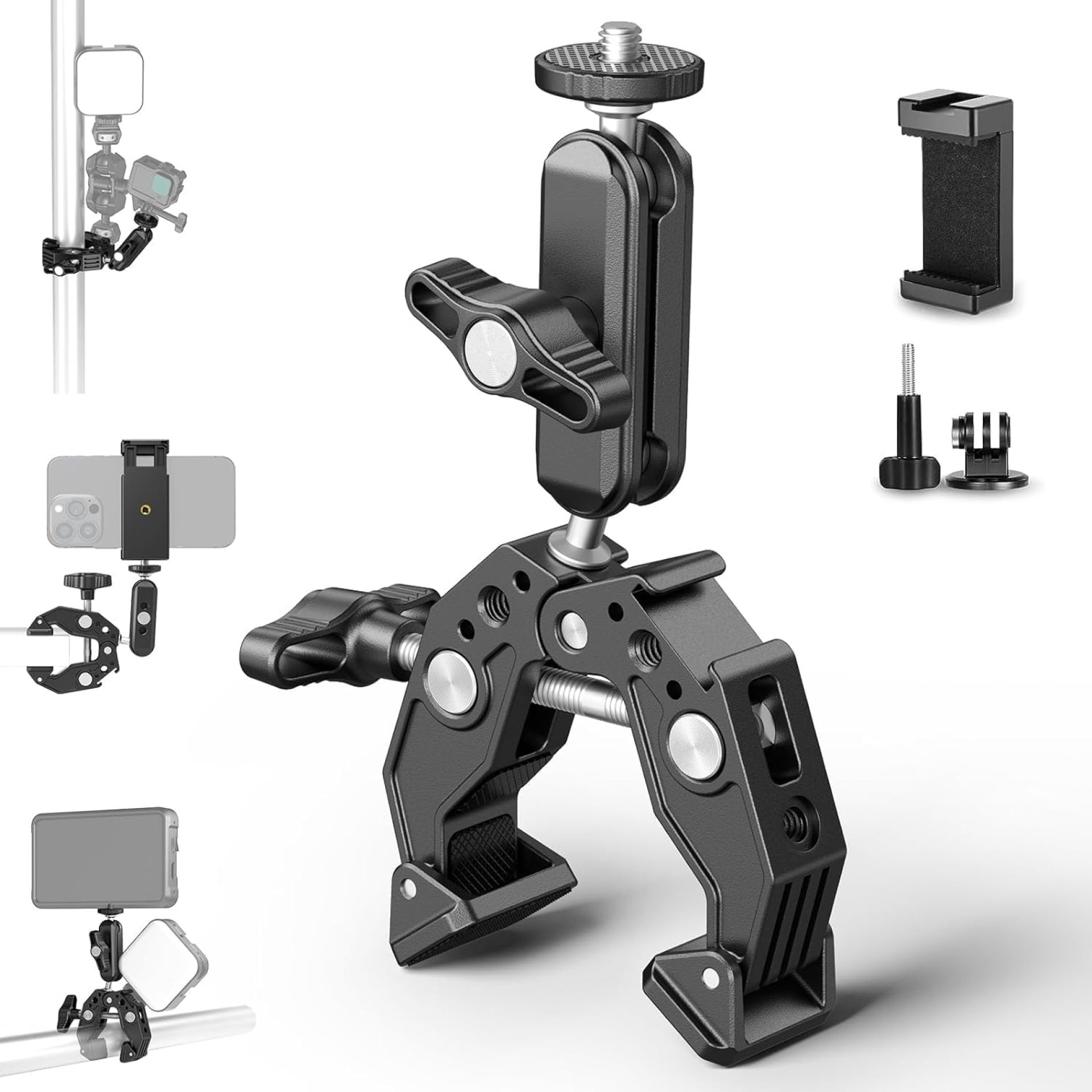 NEEWER Super Clamp with 3″ Dual Ballhead Magic Arm, Cold Shoe, 1/4″ Threads, Phone/Action Camera Mount Adapter for Desk Tripod Tube Crossbar Gimbal Rods Compatible with SmallRig GoPro DJI, ST83 NEEWER Super Clamp with 3″ Dual Ballhead Magic Arm, Cold Shoe, 1/4″ Threads, Phone/Action Camera Mount Adapter for Desk Tripod Tube Crossbar Gimbal Rods Compatible with SmallRig GoPro DJI, ST83