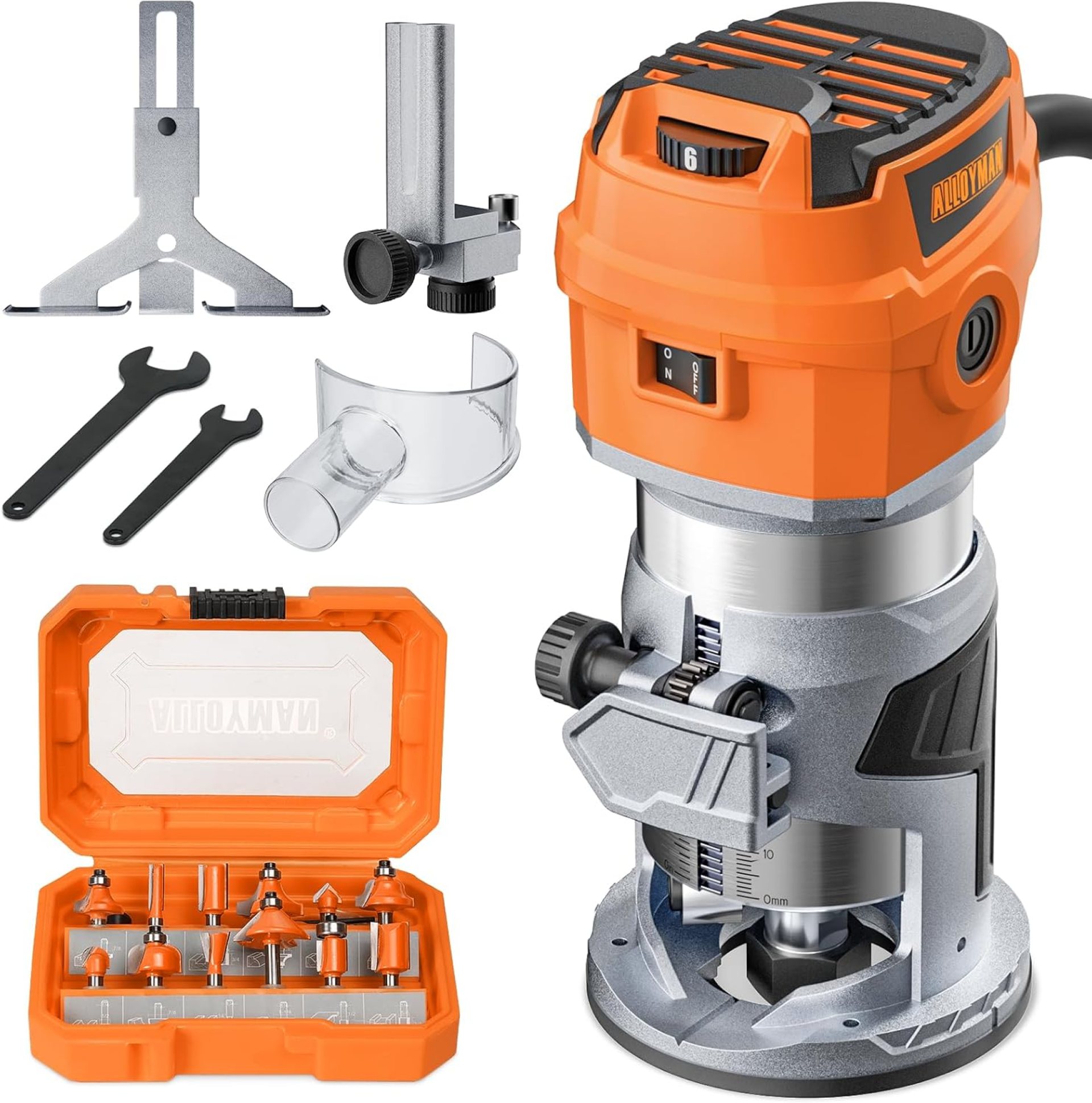 Alloyman Palm Router, 8.5Amp Variable Speed Compact Router Kit for Trimming – Max 30000RPM, 6 Speed Settings, 12pcs Bits, 950W Alloyman Palm Router, 8.5Amp Variable Speed Compact Router Kit for Trimming – Max 30000RPM, 6 Speed Settings, 12pcs Bits, 950W