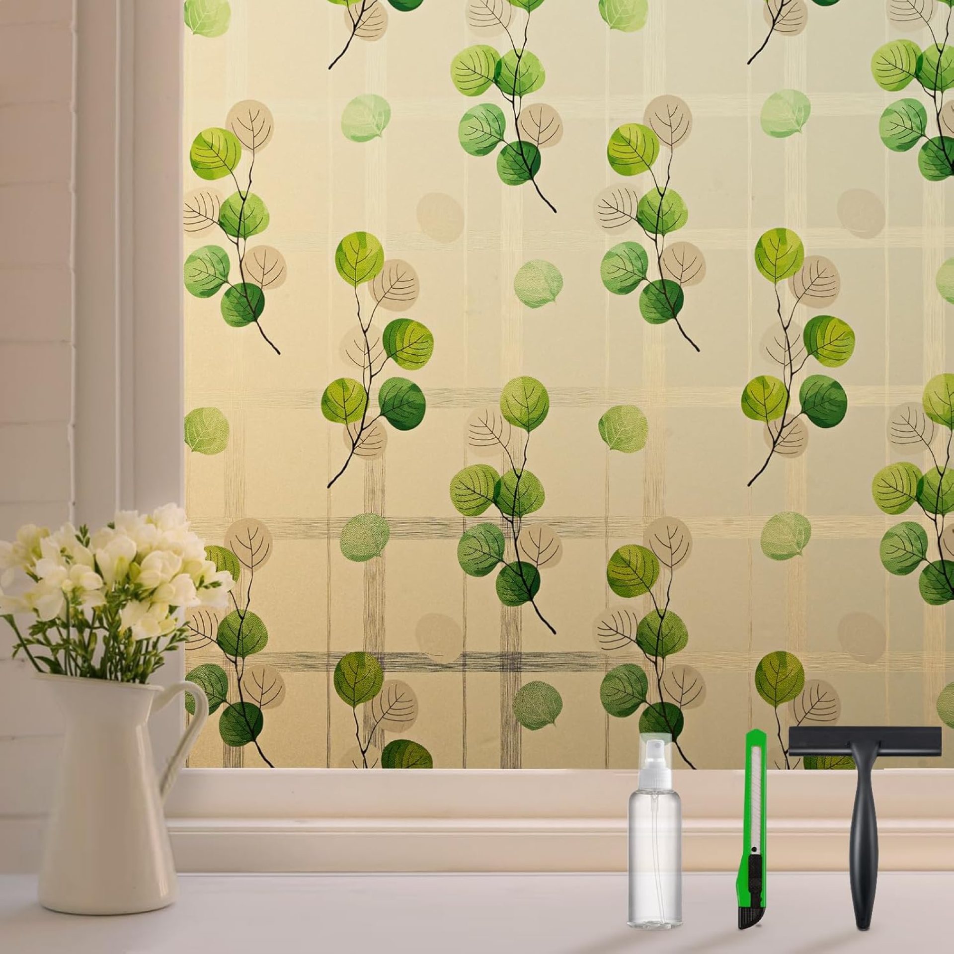 DKTIE Eucalyptus Leaves Stained Glass Window Film with Installation Tools, INS Style Window Privacy Film Decorative, Nordic Style for Home Decor (S541, 17.7″ x 118.1″) DKTIE Eucalyptus Leaves Stained Glass Window Film with Installation Tools, INS Style Window Privacy Film Decorative, Nordic Style for Home Decor (S541, 17.7″ x 118.1″)