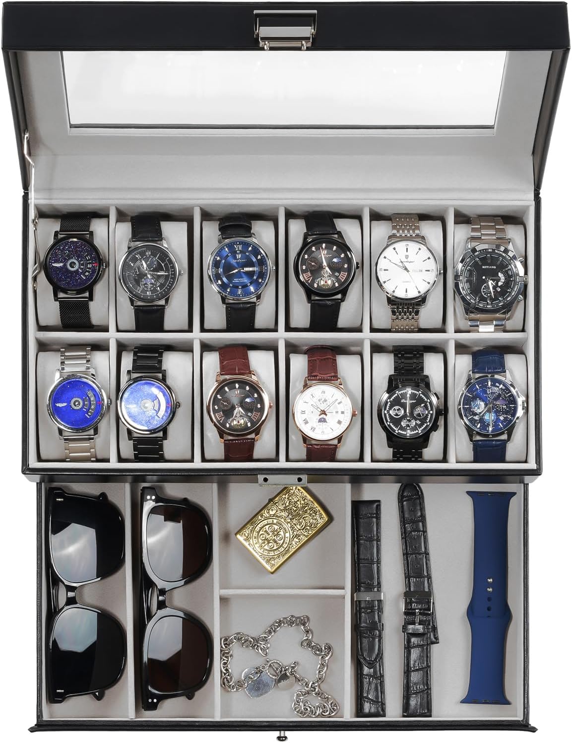ProCase Watch Box for Men, 12 Slot Mens Watch Case With Drawer, Watch Display Case With Glass Lid, 2-Layer Watch Holder Organizer, Jewelry and Watch Storage for Men Women -12Slot, Black ProCase Watch Box for Men, 12 Slot Mens Watch Case With Drawer, Watch Display Case With Glass Lid, 2-Layer Watch Holder Organizer, Jewelry and Watch Storage for Men Women -12Slot, Black