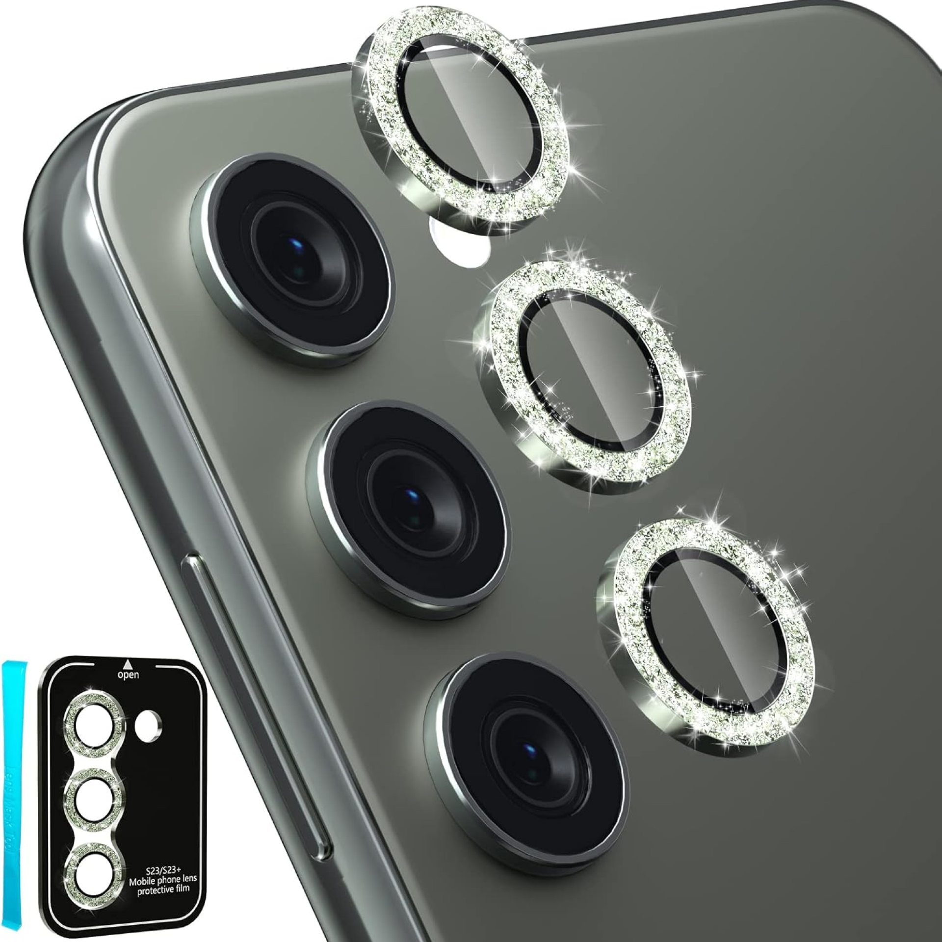 CloudValley [3 Pcs for Samsung Galaxy S24 / S23 / S23 Plus Camera Lens Protector, 9H Tempered Glass + Aluminum Alloy Metal Individual Lens Protective Ring for S24 / S23 / S23+ 5G 2023, Glitter Green CloudValley [3 Pcs for Samsung Galaxy S24 / S23 / S23 Plus Camera Lens Protector, 9H Tempered Glass + Aluminum Alloy Metal Individual Lens Protective Ring for S24 / S23 / S23+ 5G 2023, Glitter Green