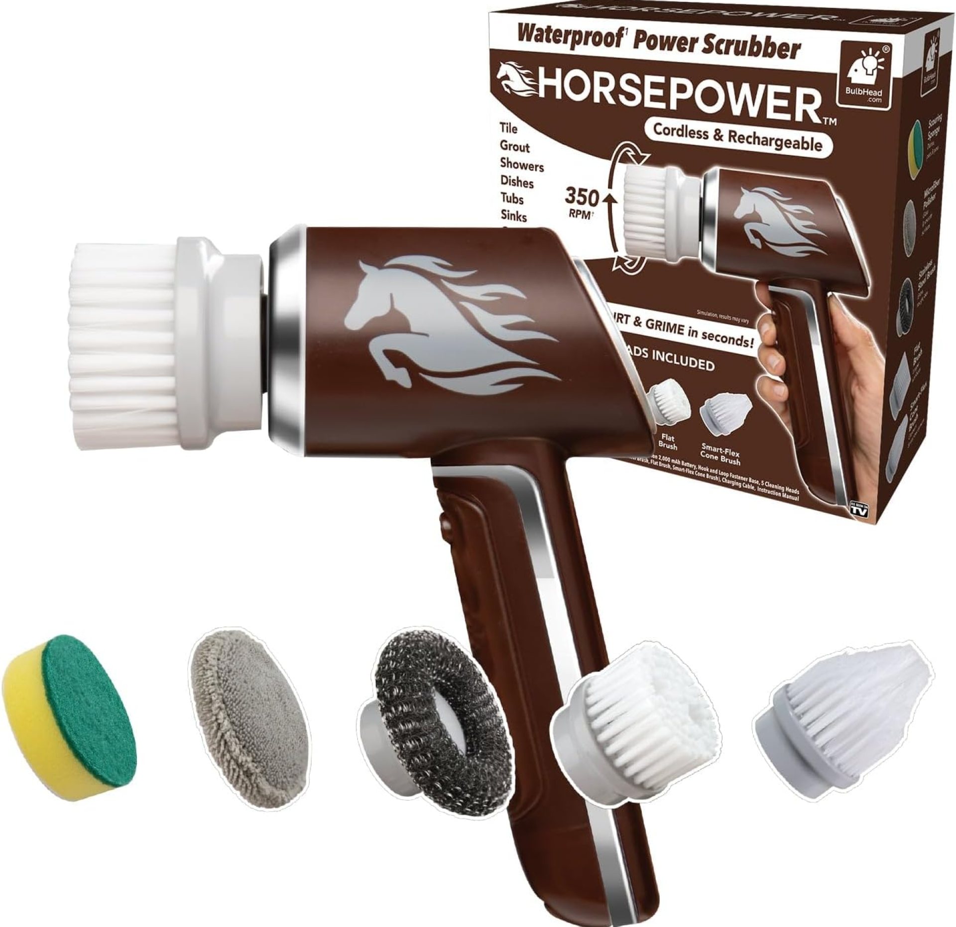Horsepower Scrubber, Waterproof, Electric Power, Spins 350 RPM, 5 Brush Heads, AS-SEEN-ON-TV, Cleans Dirt & Grime, Tile, Grout, Bathrooms, Kitchen, Auto Rims, Outdoor Furniture & More, Rechargeable Horsepower Scrubber, Waterproof, Electric Power, Spins 350 RPM, 5 Brush Heads, AS-SEEN-ON-TV, Cleans Dirt & Grime, Tile, Grout, Bathrooms, Kitchen, Auto Rims, Outdoor Furniture & More, Rechargeable