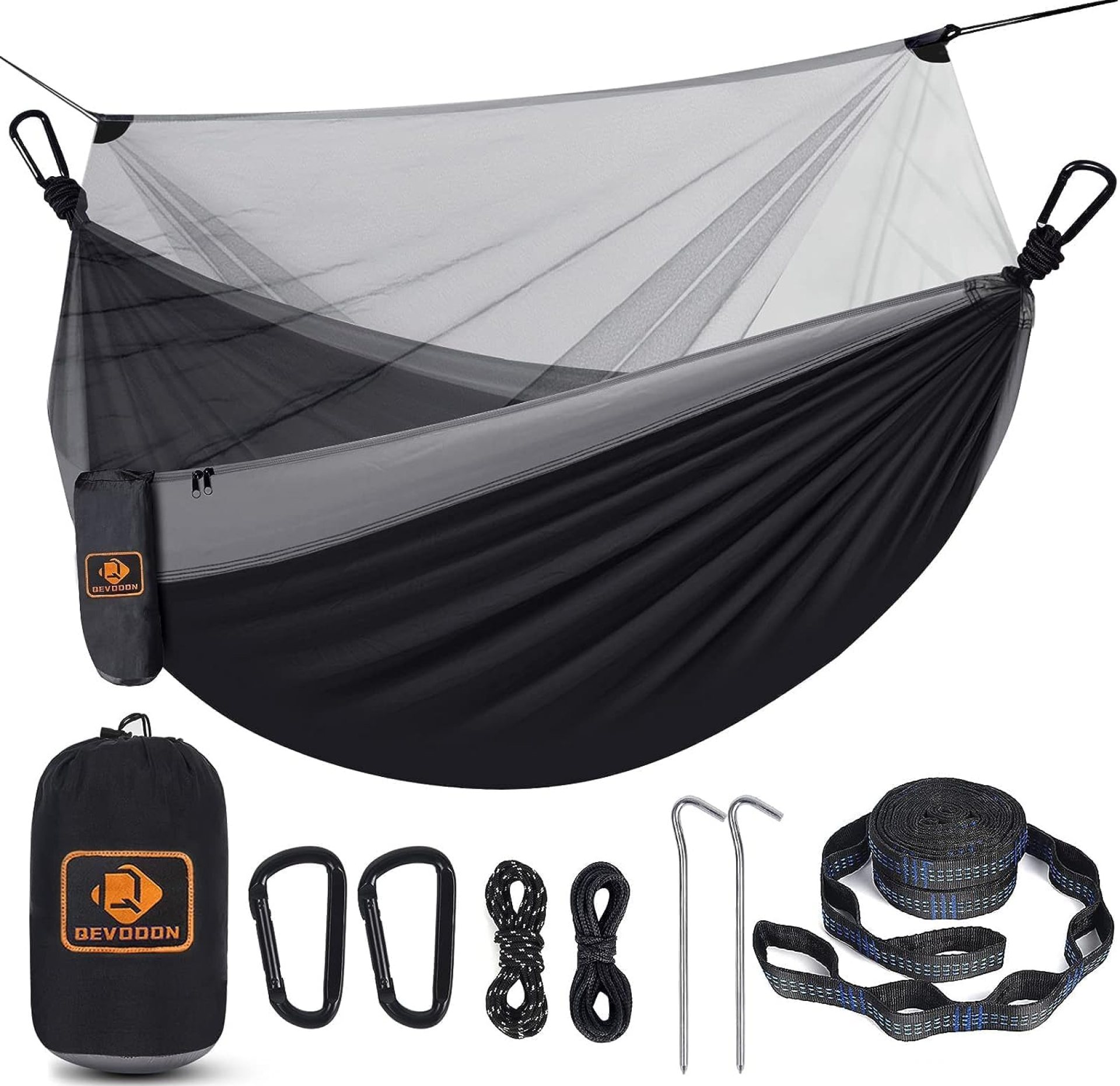 Camping Hammock with Net,Portable Lightweight Double Hammocks with Tree Straps and Solid D-Shape Carabiners,Parachute Nylon Hammock for Backpacking Beach Backyard Patio Hiking Black&Grey Camping Hammock with Net,Portable Lightweight Double Hammocks with Tree Straps and Solid D-Shape Carabiners,Parachute Nylon Hammock for Backpacking Beach Backyard Patio Hiking Black&Grey