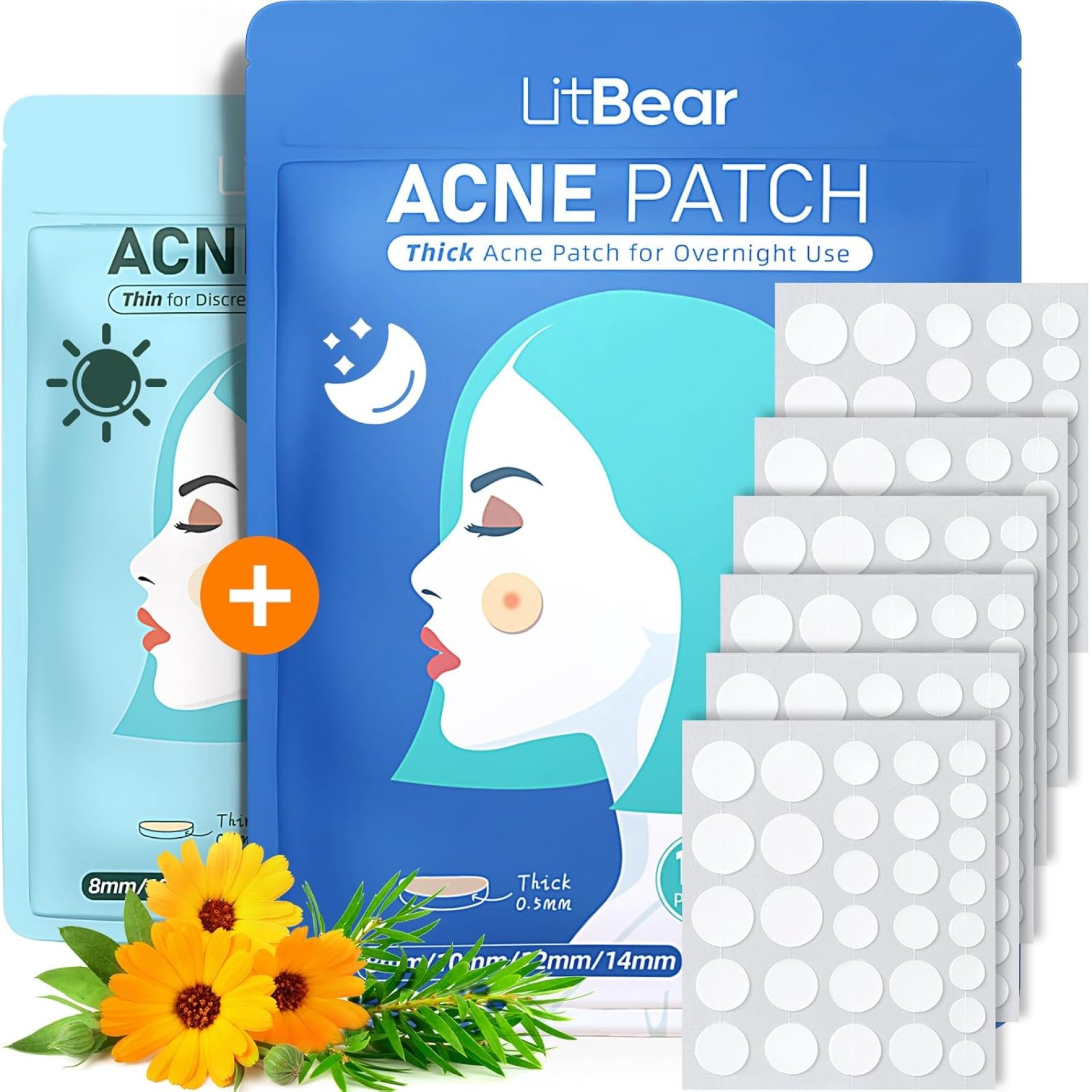 LitBear Acne Pimple Patches- Day and Night 4 Sizes 180 Dots Thin & Thick Hydrocolloid Patches with Witch Hazel, Tea Tree & Calendula Oil, Extra Adhesion for Face Zit Patch Dots LitBear Acne Pimple Patches- Day and Night 4 Sizes 180 Dots Thin & Thick Hydrocolloid Patches with Witch Hazel, Tea Tree & Calendula Oil, Extra Adhesion for Face Zit Patch Dots