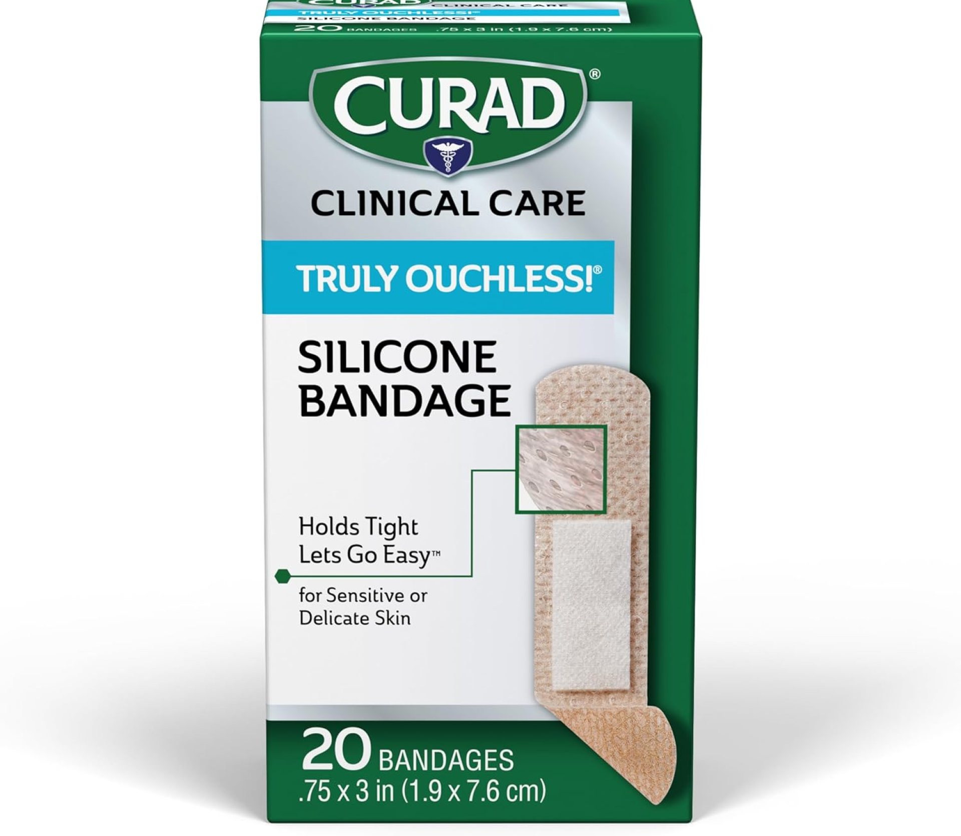 CURAD Truly Ouchless!® Silicone Bandages, .75″ x 3″, For Sensitive or Delicate Skin, Flexible Fabric, Protects Scrapes, Cuts & Burns, 20 Count CURAD Truly Ouchless!® Silicone Bandages, .75″ x 3″, For Sensitive or Delicate Skin, Flexible Fabric, Protects Scrapes, Cuts & Burns, 20 Count