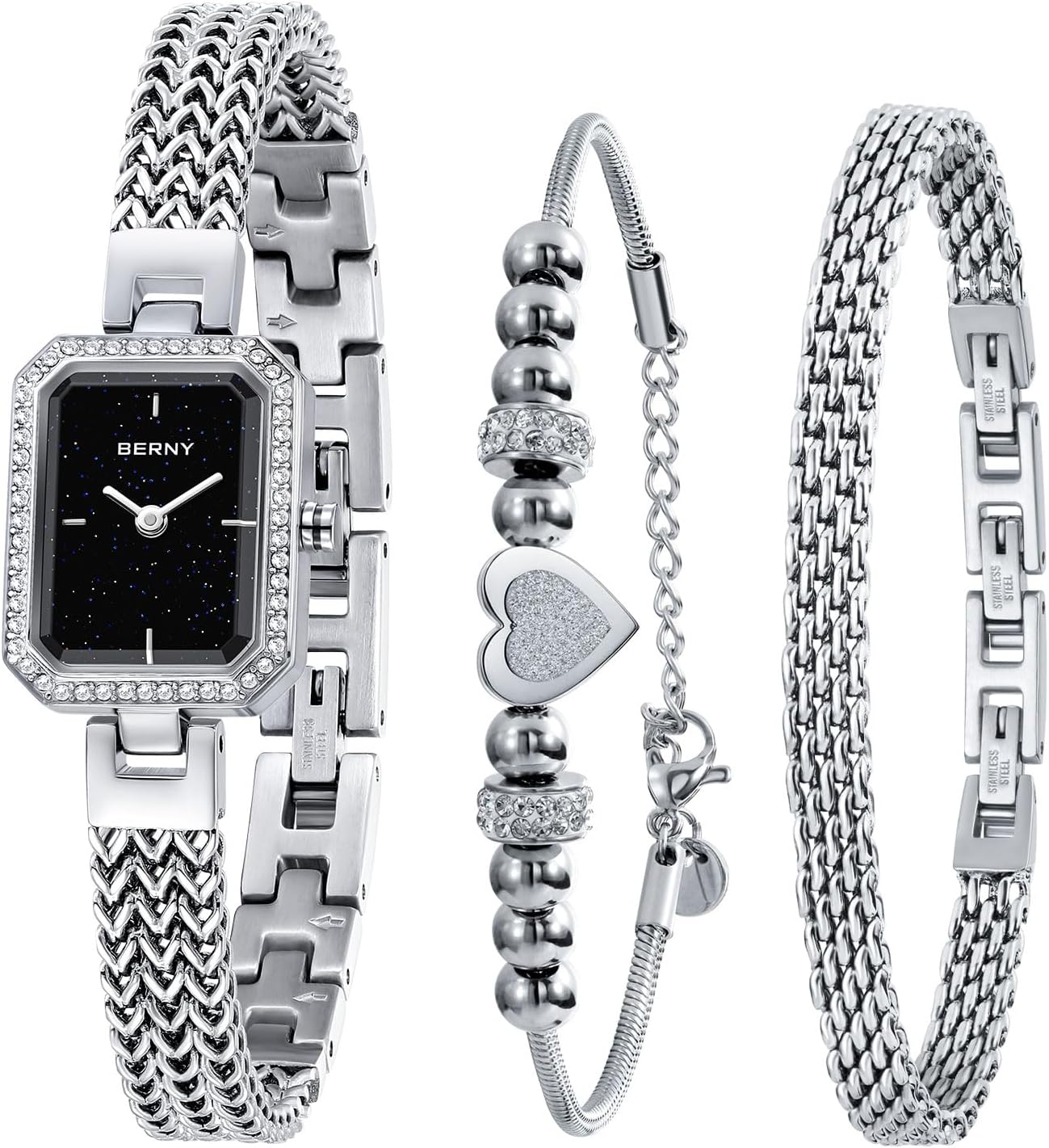 BERNY Silver Watches for Women Ladies Wrist Watch and Bracelet Set Dainty Quartz Bracelet Watch Premium Crystal Accented Fashion Luxury Birthday Present for Women BERNY Silver Watches for Women Ladies Wrist Watch and Bracelet Set Dainty Quartz Bracelet Watch Premium Crystal Accented Fashion Luxury Birthday Present for Women