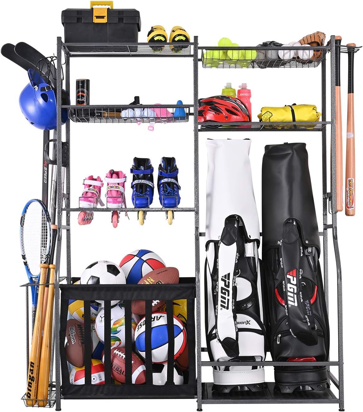 Mythinglogic Garage Sports Equipment Storage, 2 Golf Bag Storage Stand and Other Sports Equipment Storage Rack, Garage Organizer System Mythinglogic Garage Sports Equipment Storage, 2 Golf Bag Storage Stand and Other Sports Equipment Storage Rack, Garage Organizer System