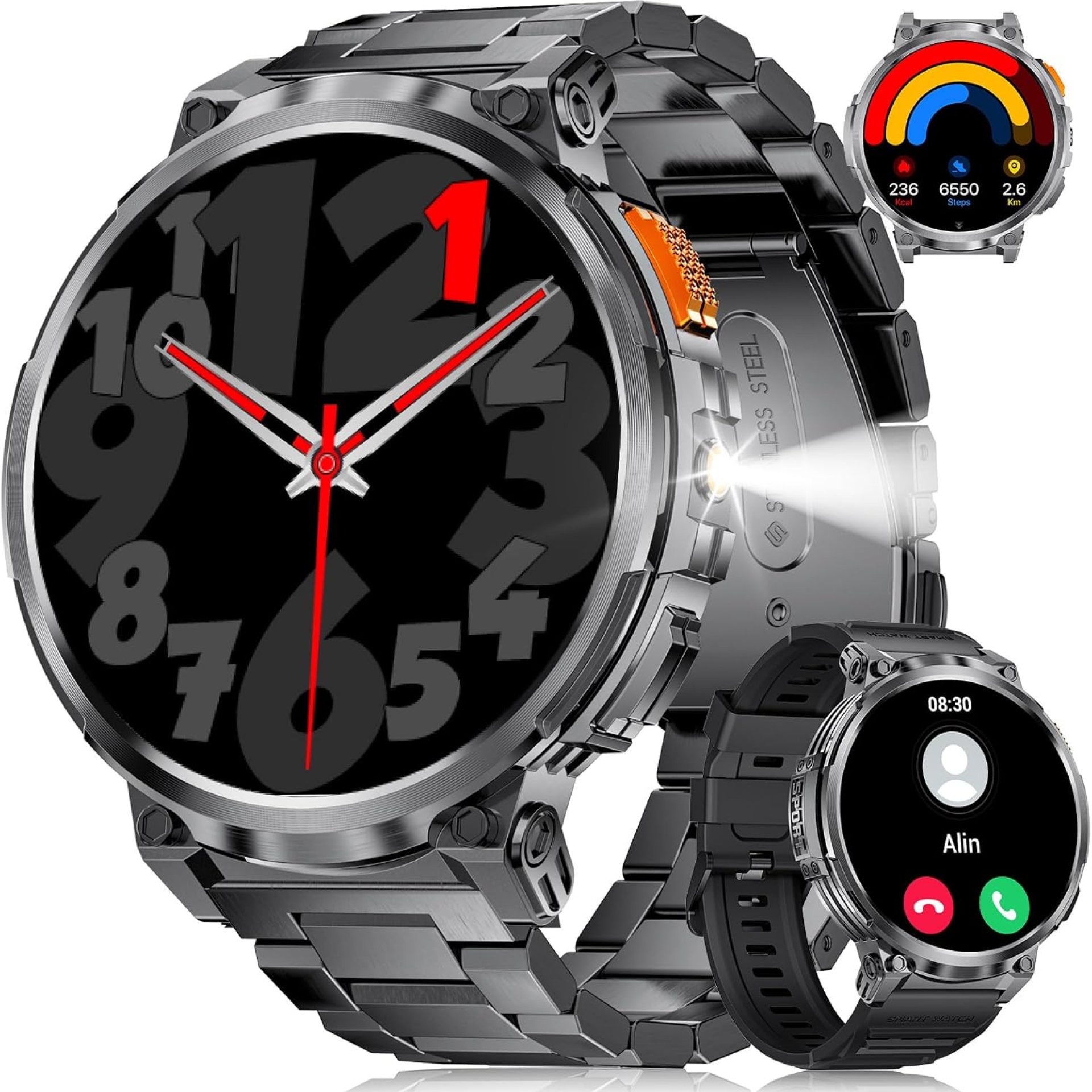 1.85″ IPS Ultra Screen Smartwatch with LED Flashlight for Android iOS, 55mm Military Smart Watches for Men, IP68 Waterproof, Make/Answer Call, 24H Heart Rate, 730mAh, 100+ Sports, Metal Strap 1.85″ IPS Ultra Screen Smartwatch with LED Flashlight for Android iOS, 55mm Military Smart Watches for Men, IP68 Waterproof, Make/Answer Call, 24H Heart Rate, 730mAh, 100+ Sports, Metal Strap