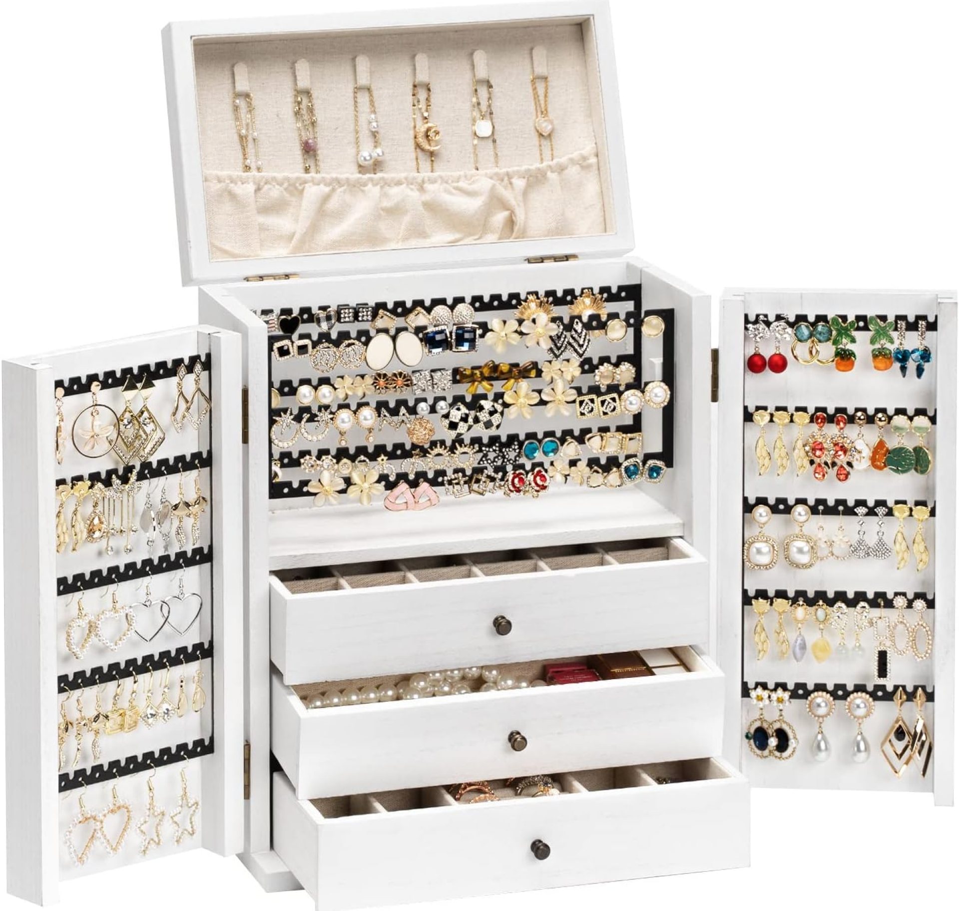 Jewelry Box Organizer, Large Jewelry Boxes for Women, Earring Jewelry Organizer for Necklace Earring Ring Bracelet, Rustic Wood Jewelry Organizer Box for Girls, Ideal Gift (White) Jewelry Box Organizer, Large Jewelry Boxes for Women, Earring Jewelry Organizer for Necklace Earring Ring Bracelet, Rustic Wood Jewelry Organizer Box for Girls, Ideal Gift (White)