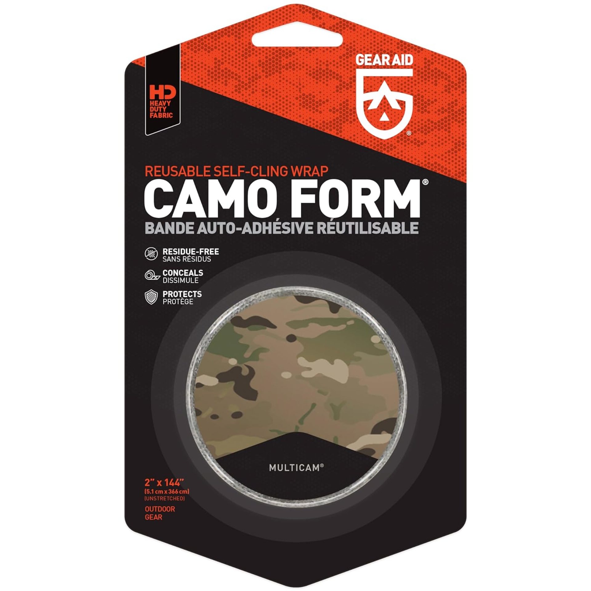 GEAR AID Camo Form Self-Cling and Reusable Camouflage Wrap, Multicam, 2” x 144” Roll, Model Number: 19418 GEAR AID Camo Form Self-Cling and Reusable Camouflage Wrap, Multicam, 2” x 144” Roll, Model Number: 19418