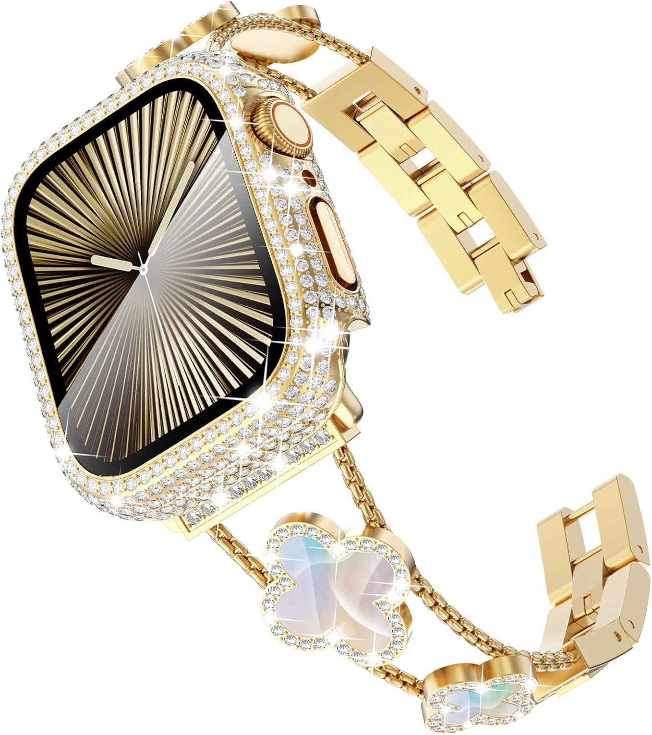 Surace Compatible with Apple Watch Series 10 Bands 42mm for Women, Jewelry Diamond Rhinestone Stainless Steel Metal Wristband Clover Strap with Bling Protective Case for Apple Watch 10, Gold/Rainbow Surace Compatible with Apple Watch Series 10 Bands 42mm for Women, Jewelry Diamond Rhinestone Stainless Steel Metal Wristband Clover Strap with Bling Protective Case for Apple Watch 10, Gold/Rainbow