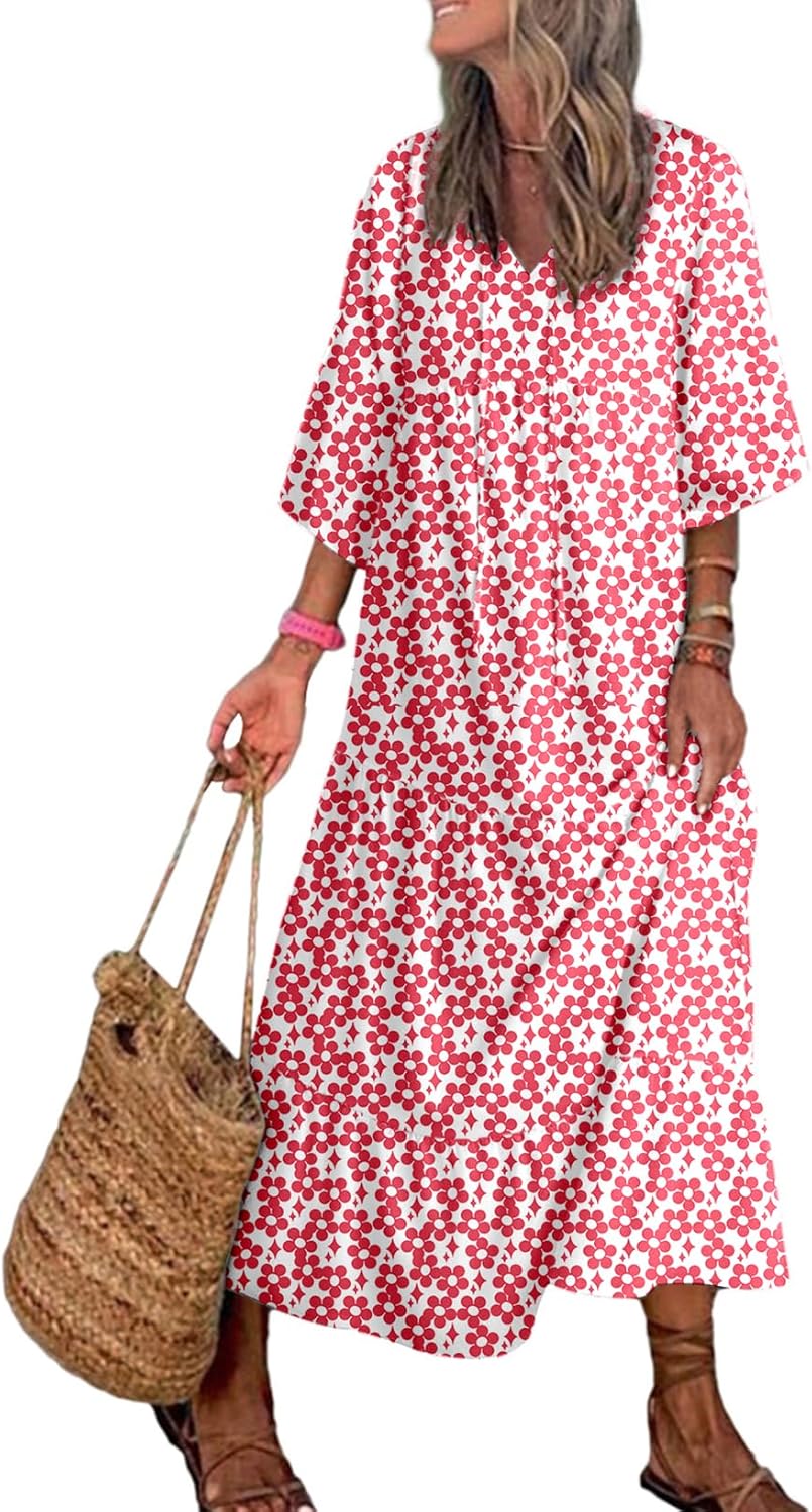 Dokotoo Women Boho Maxi Dresses 2024 V Neck Long Puff Sleeve Smocked Ruffle Flowy Casual Dress Dokotoo Women Boho Maxi Dresses 2024 V Neck Long Puff Sleeve Smocked Ruffle Flowy Casual Dress