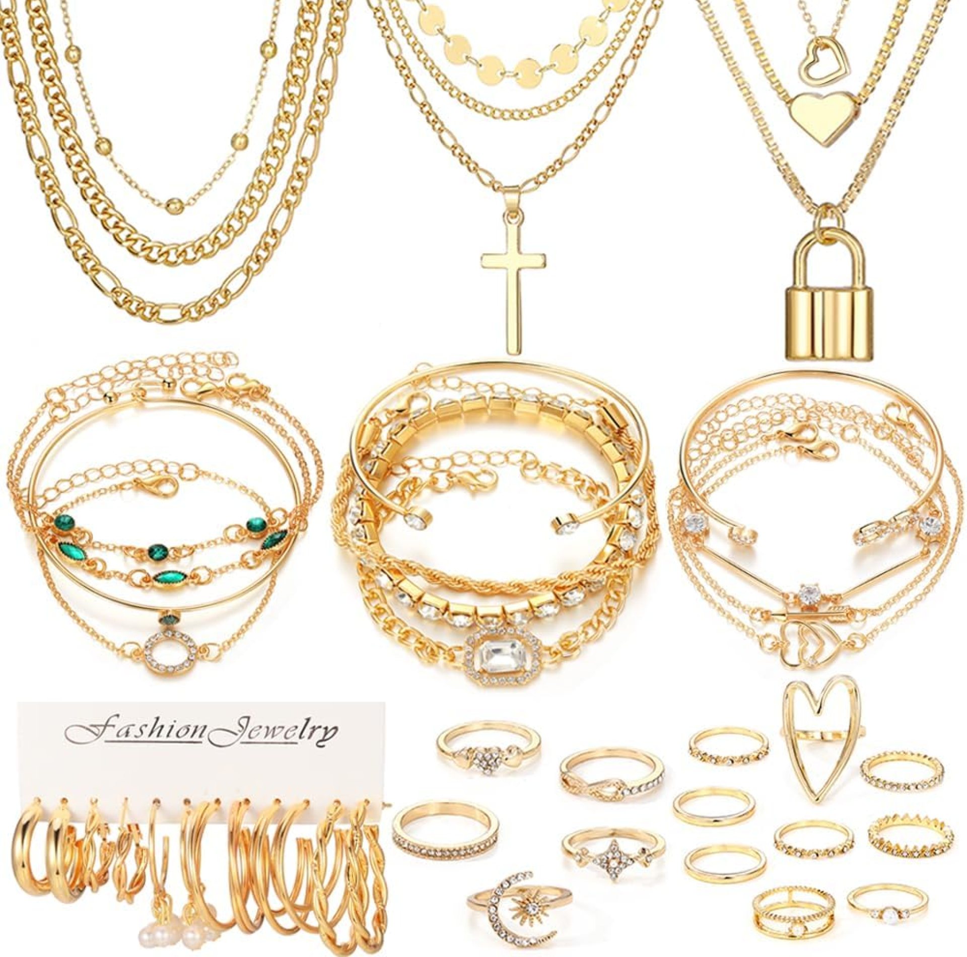 50 PCS Gold Jewelry Set for Women, Dainty Dangle Earrings, Stackable Ring, Multi-Layered Bracelet Necklace Valentine Anniversary Fashion Party Jewelry Pack Gift for Her 50 PCS Gold Jewelry Set for Women, Dainty Dangle Earrings, Stackable Ring, Multi-Layered Bracelet Necklace Valentine Anniversary Fashion Party Jewelry Pack Gift for Her