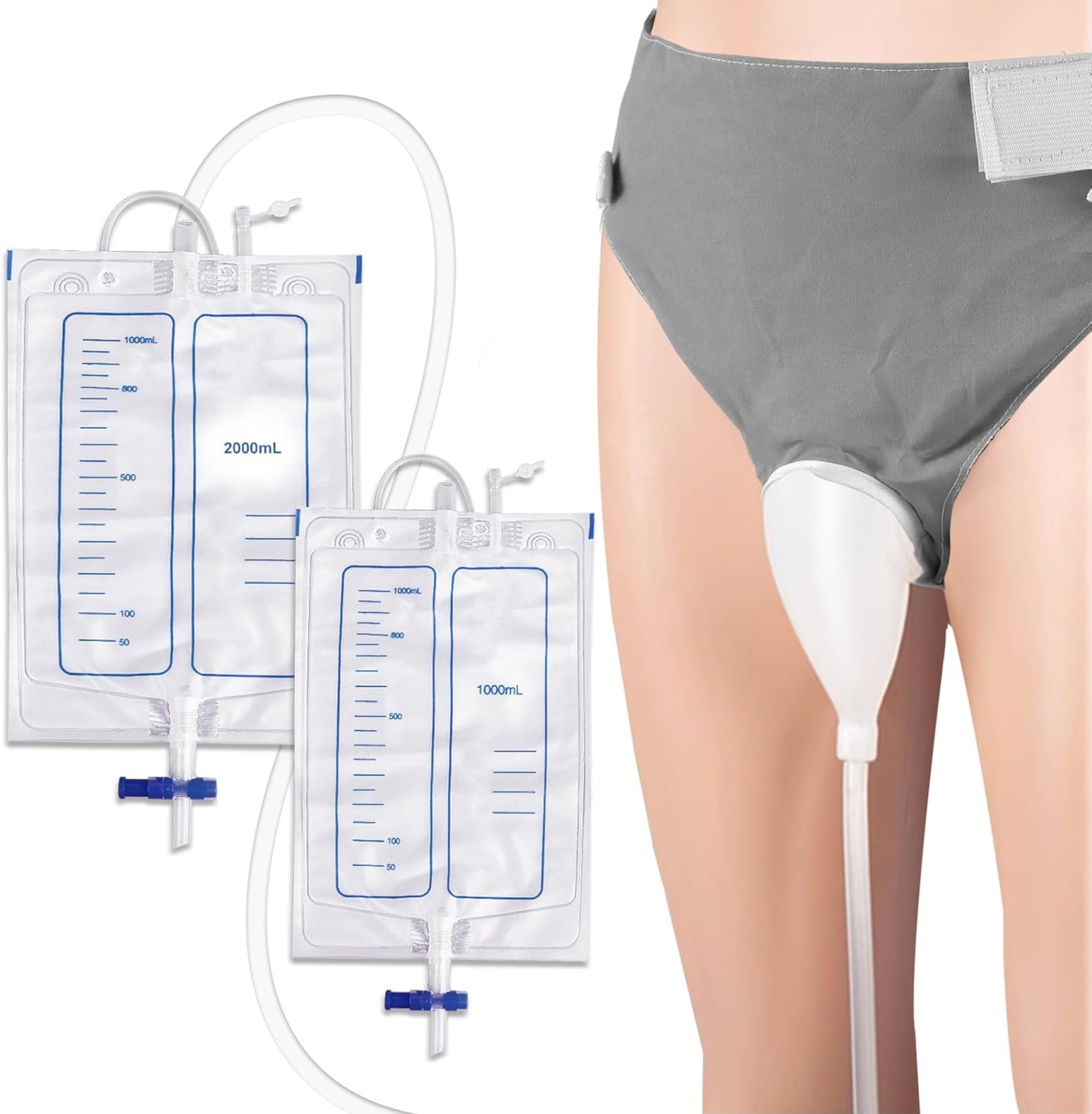 Wearable Urine Collection Set with 2 Drainage Bags (1000ml/2000ml), Reusable Silicone Urine 1.2M Catheter Bag for Men Grey Wearable Urine Collection Set with 2 Drainage Bags (1000ml/2000ml), Reusable Silicone Urine 1.2M Catheter Bag for Men Grey